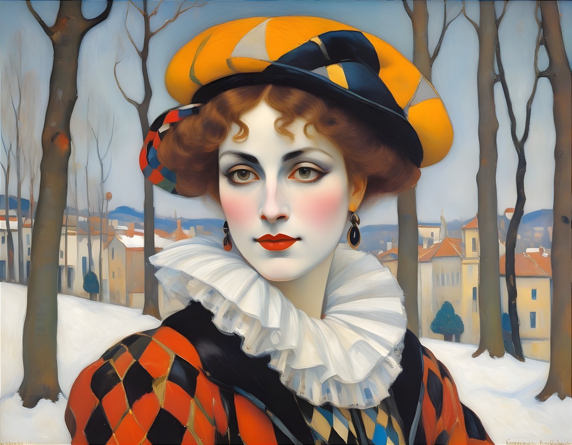Portrait of a woman in colorful harlequin attire