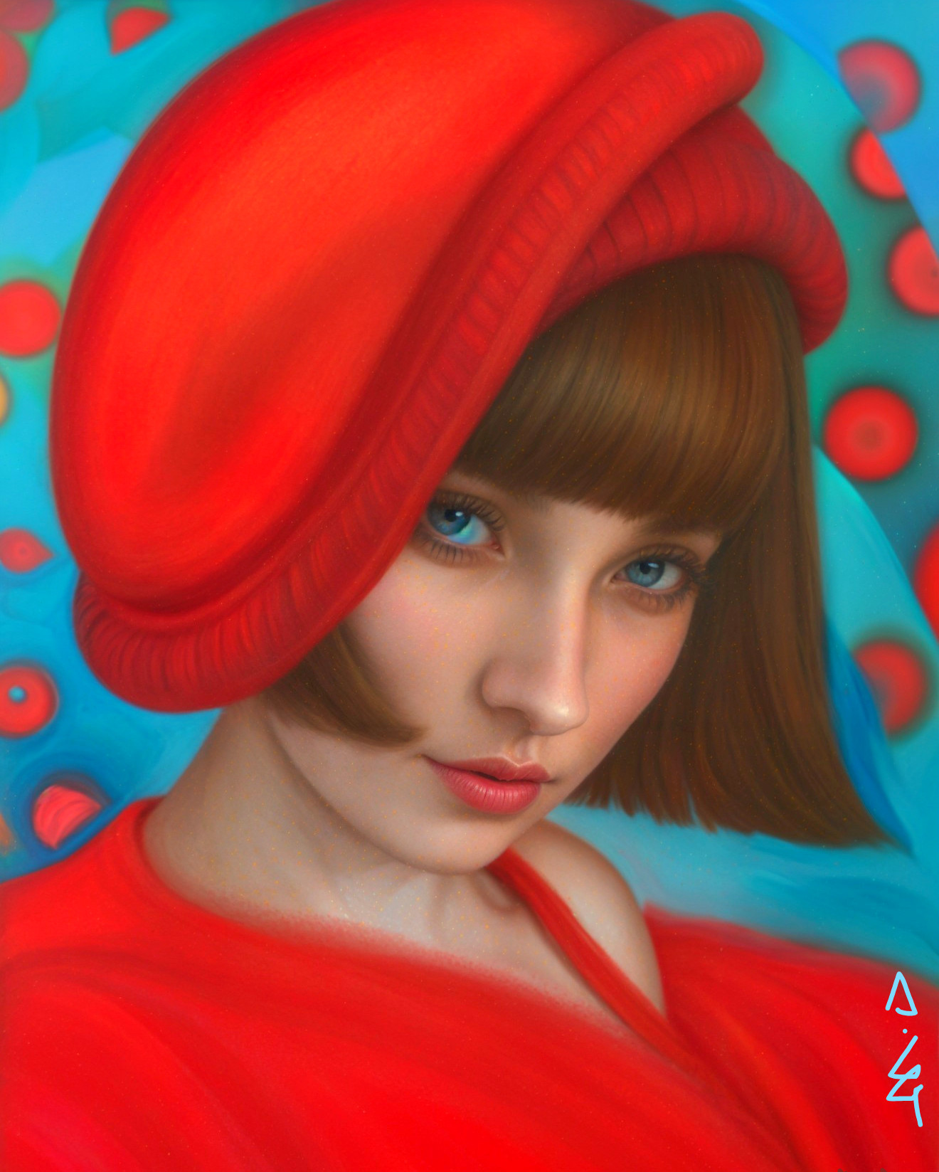 Young woman in red hat and outfit with abstract background