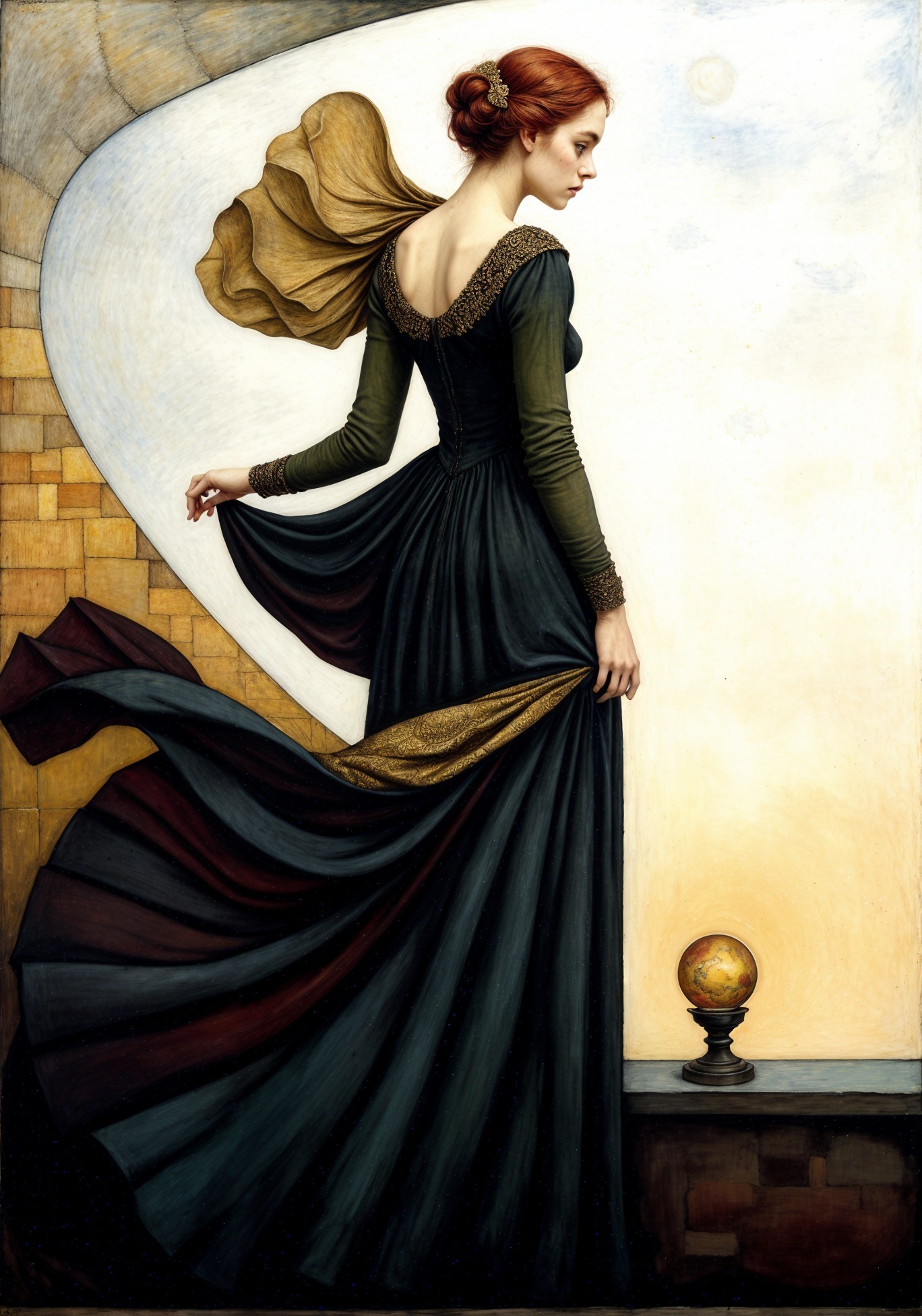 Elegant Woman in Dark Gown with Abstract Background