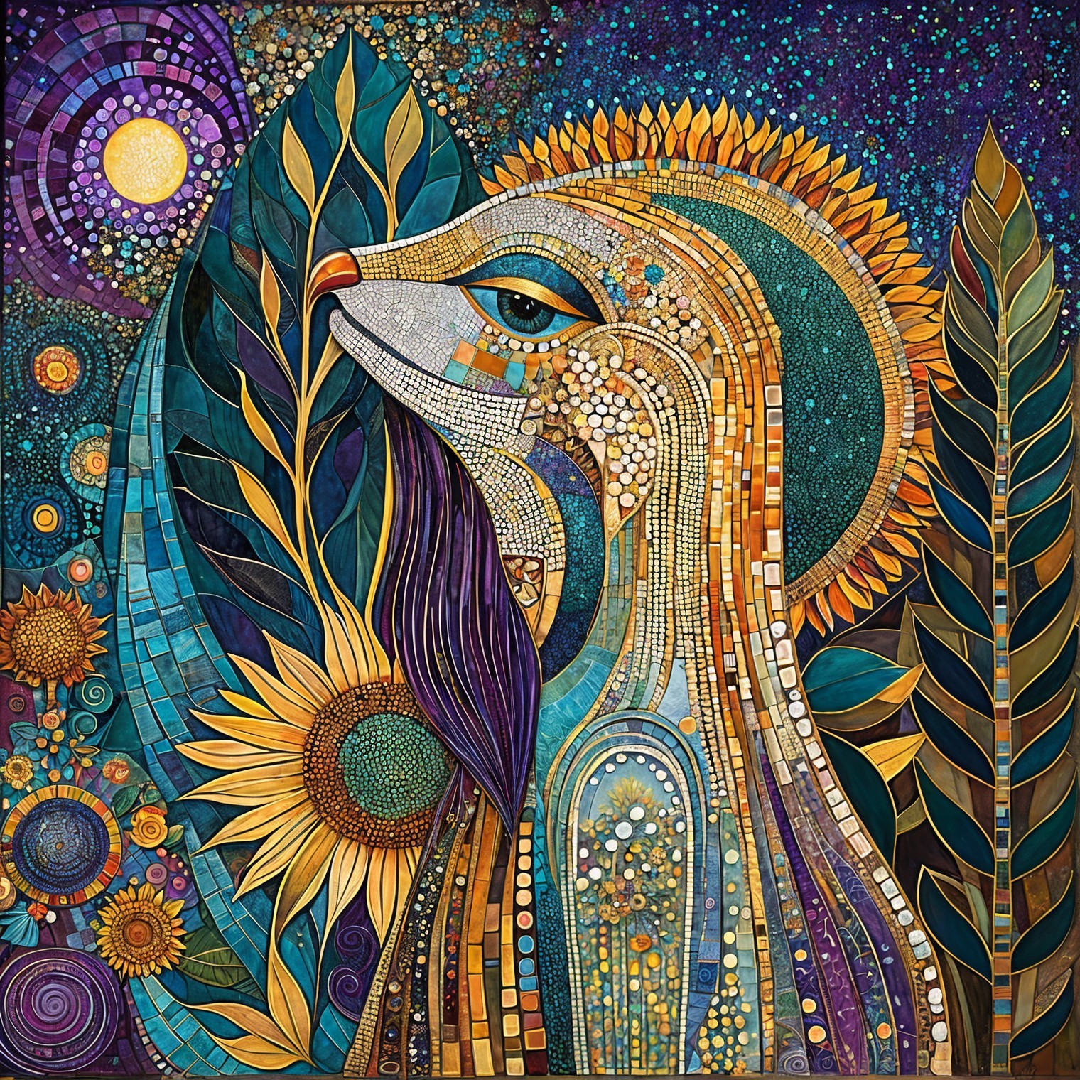 Vibrant Mosaic Artwork of Bird Head and Cosmic Background