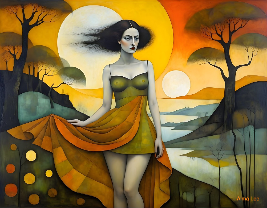 Woman in Flowing Dress Against Vibrant Sunset Landscape