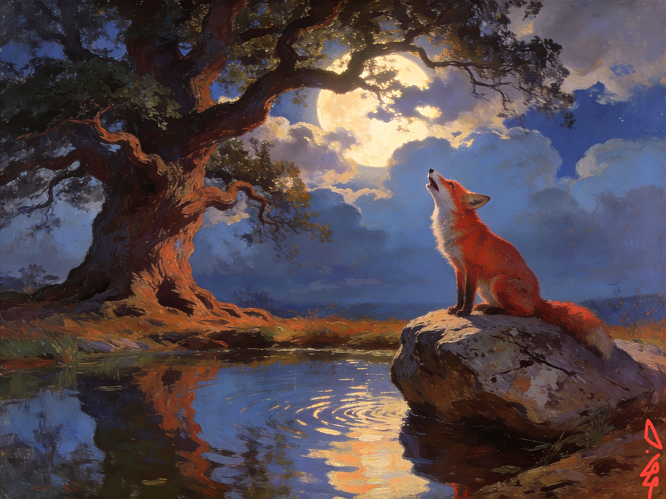 Red Fox Howling at Full Moon by Tranquil Water