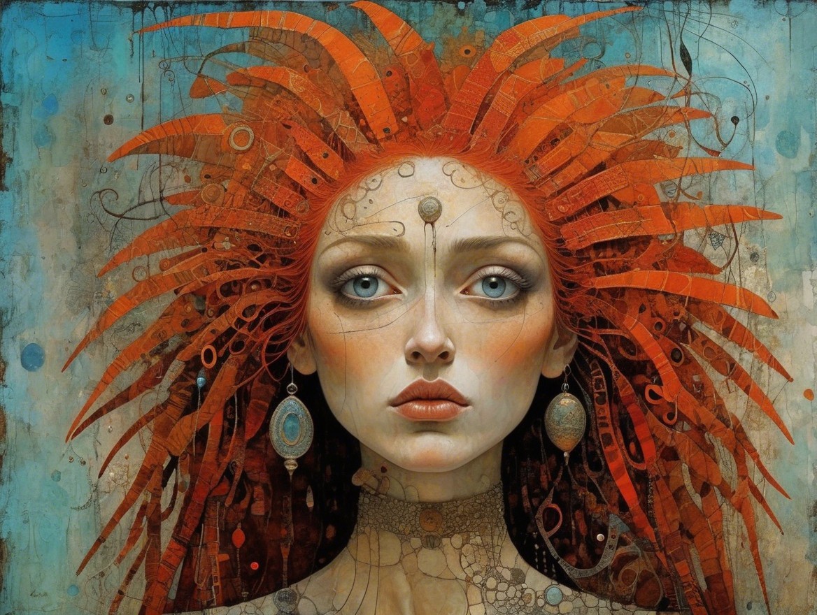 Vibrant Female Figure with Orange Spiky Hair and Patterns