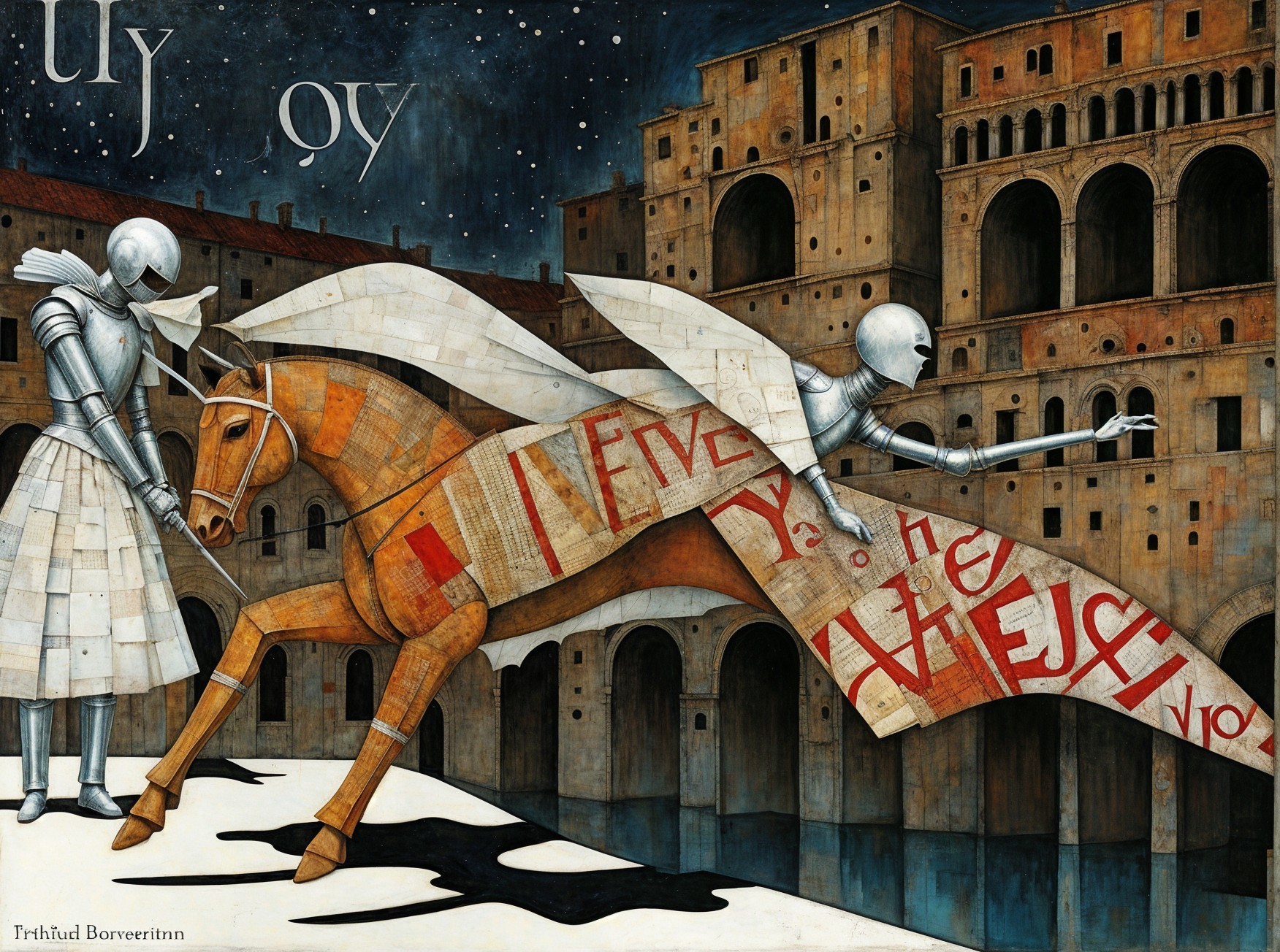 Armored Figures and Orange Horse in Medieval Setting