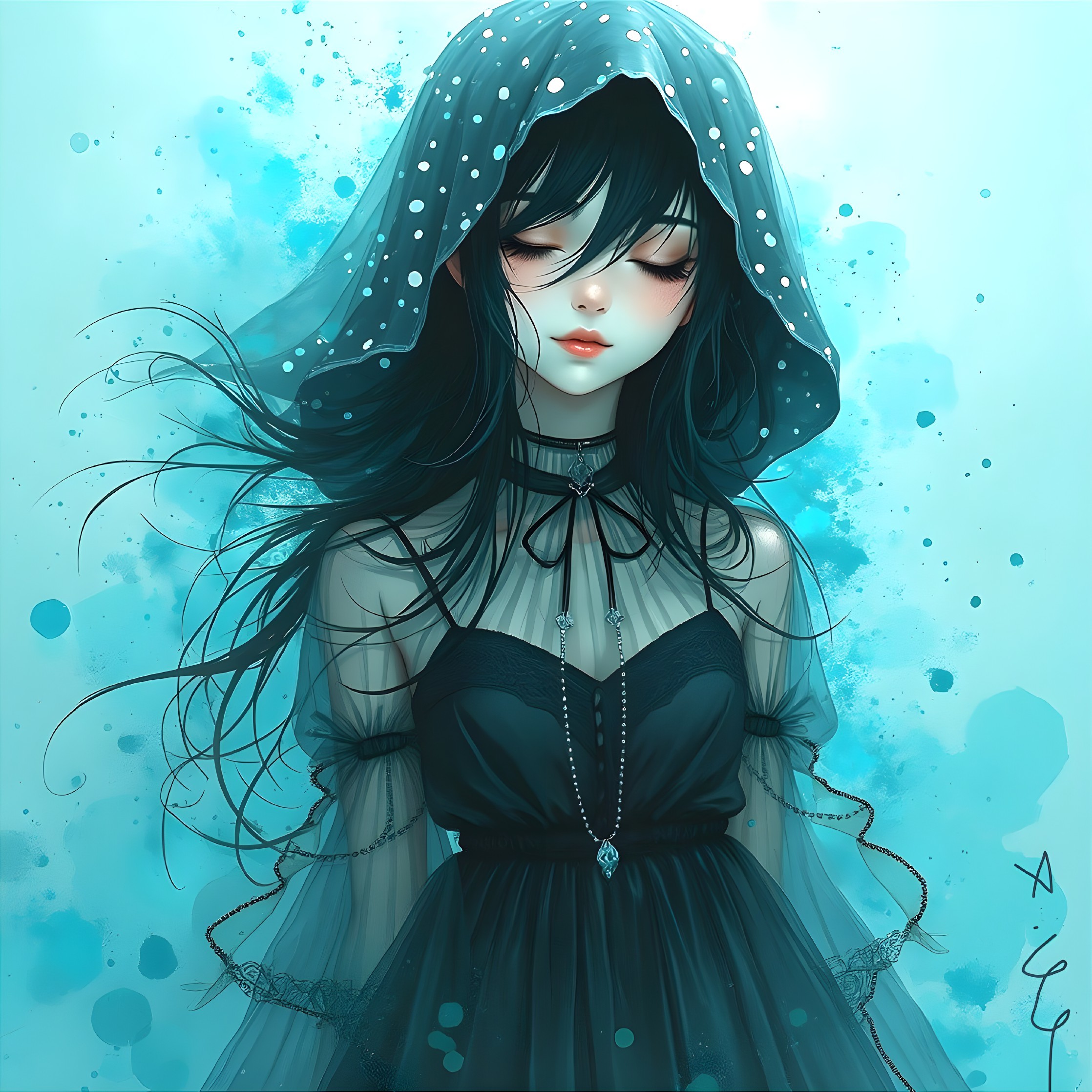 Serene figure in translucent hooded garment and lace dress