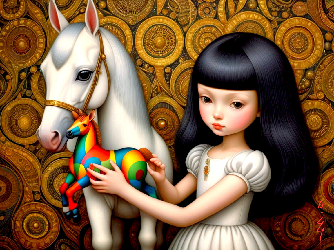 Young girl with black hair and white horse in fantasy setting