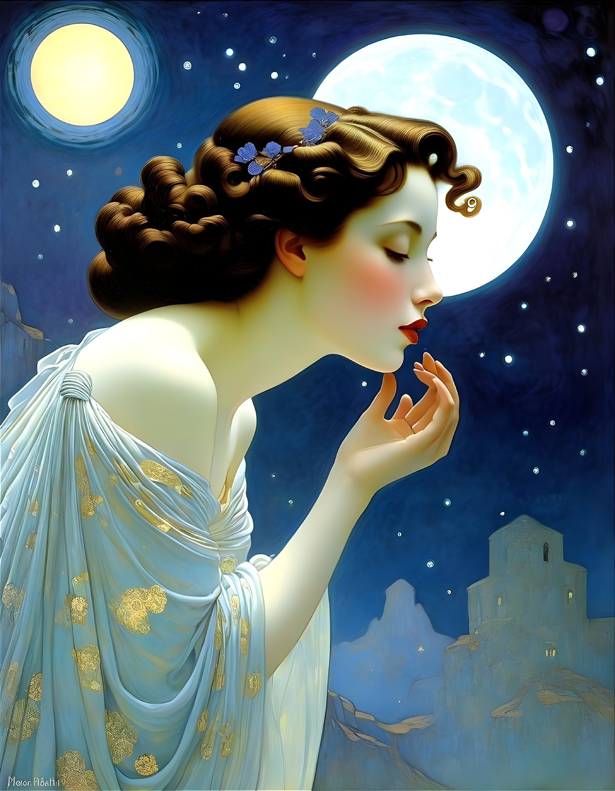 Serene Woman in Light Blue Gown Under Moonlight
