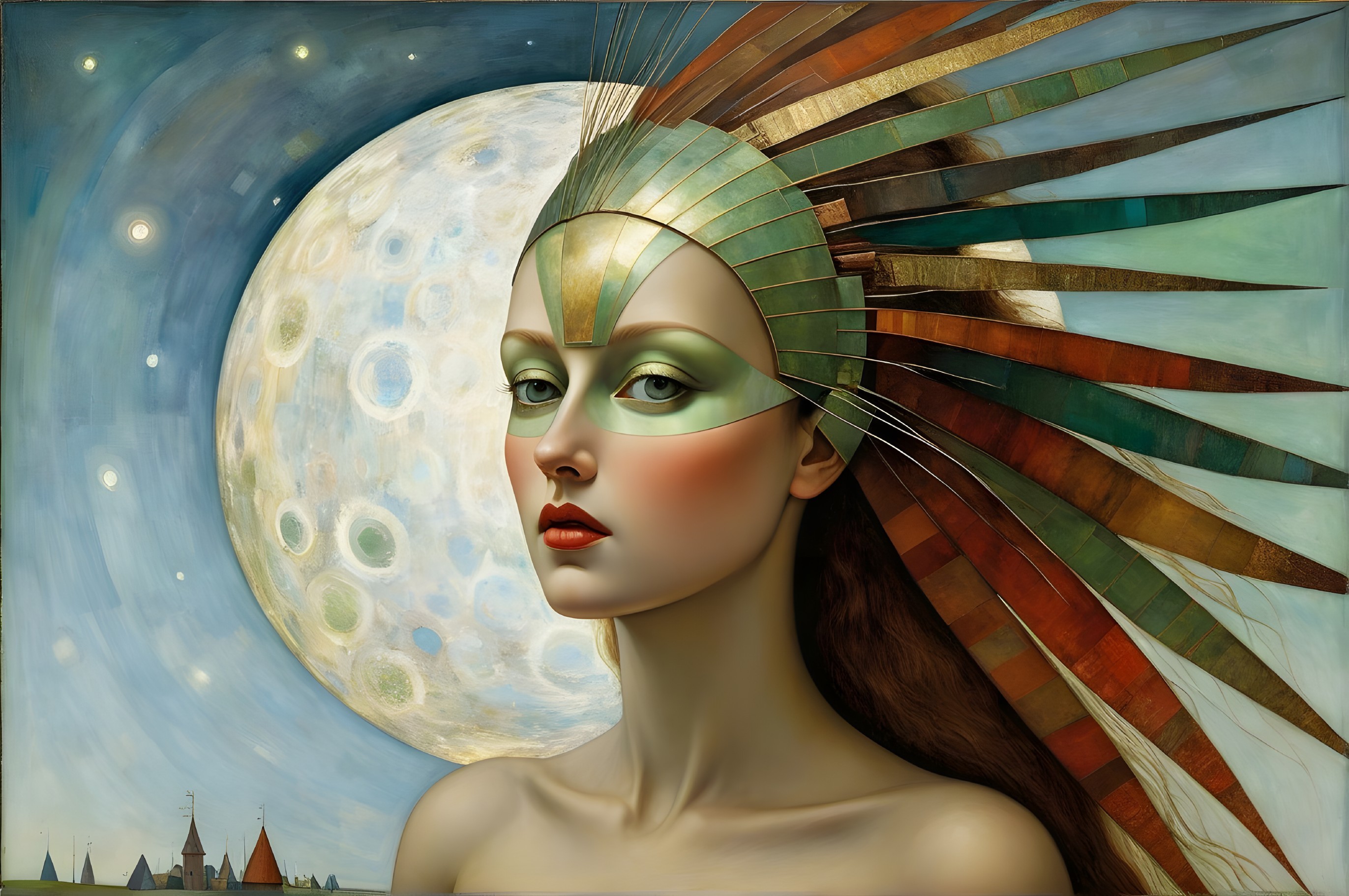 Female figure with vibrant headdress and moon backdrop