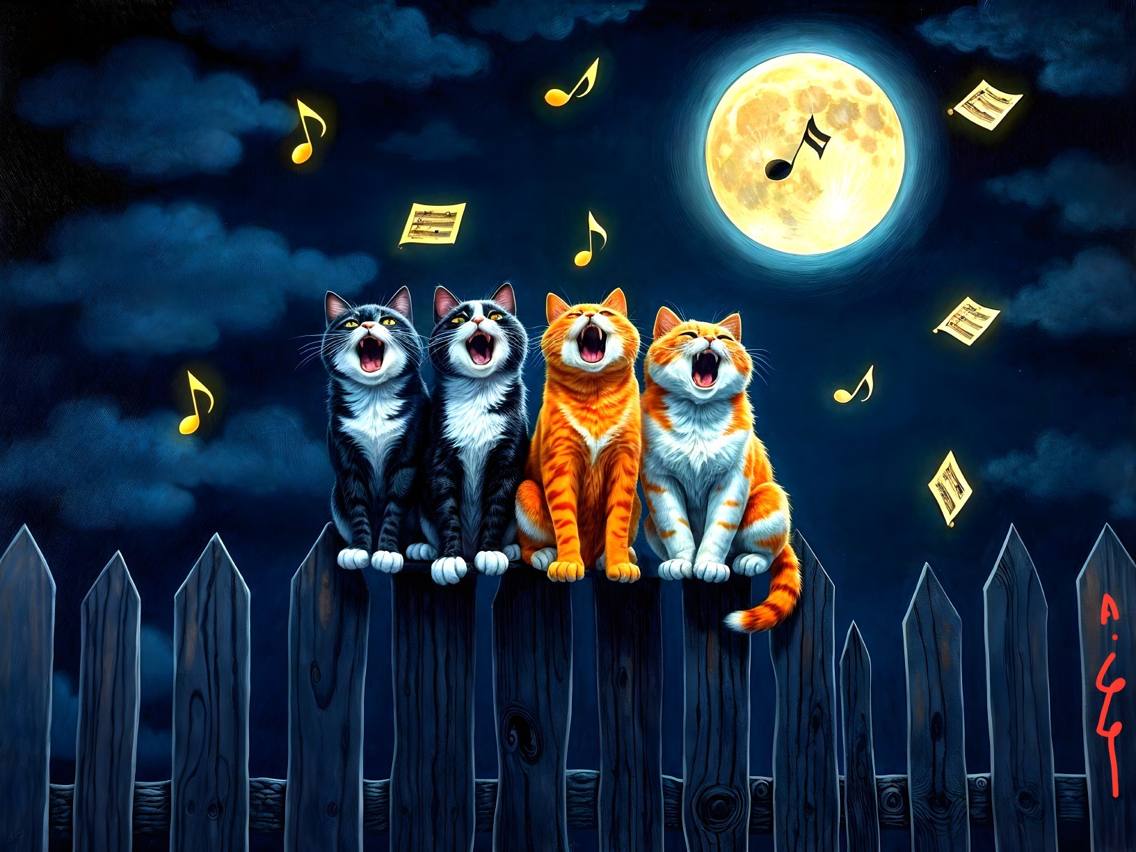 Three Cats Howling Under a Full Moon at Night