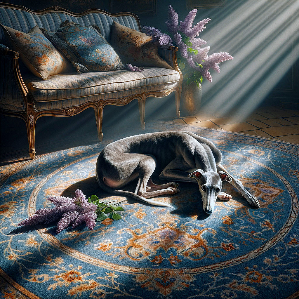 Greyhound on Plush Rug in Elegant Vintage Room