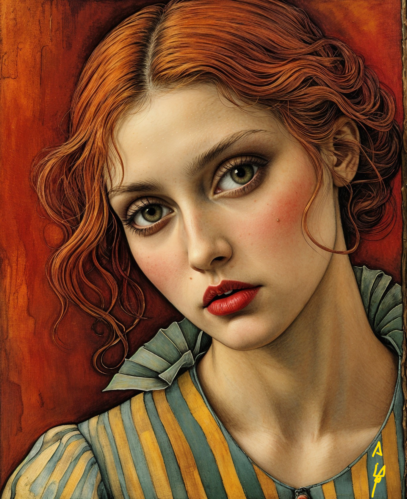 Young woman with red hair and green eyes in vintage attire