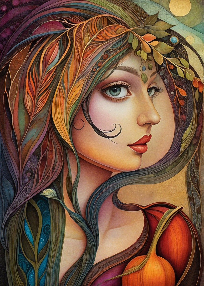 Stylized portrait of a woman with flowing hair and leaves