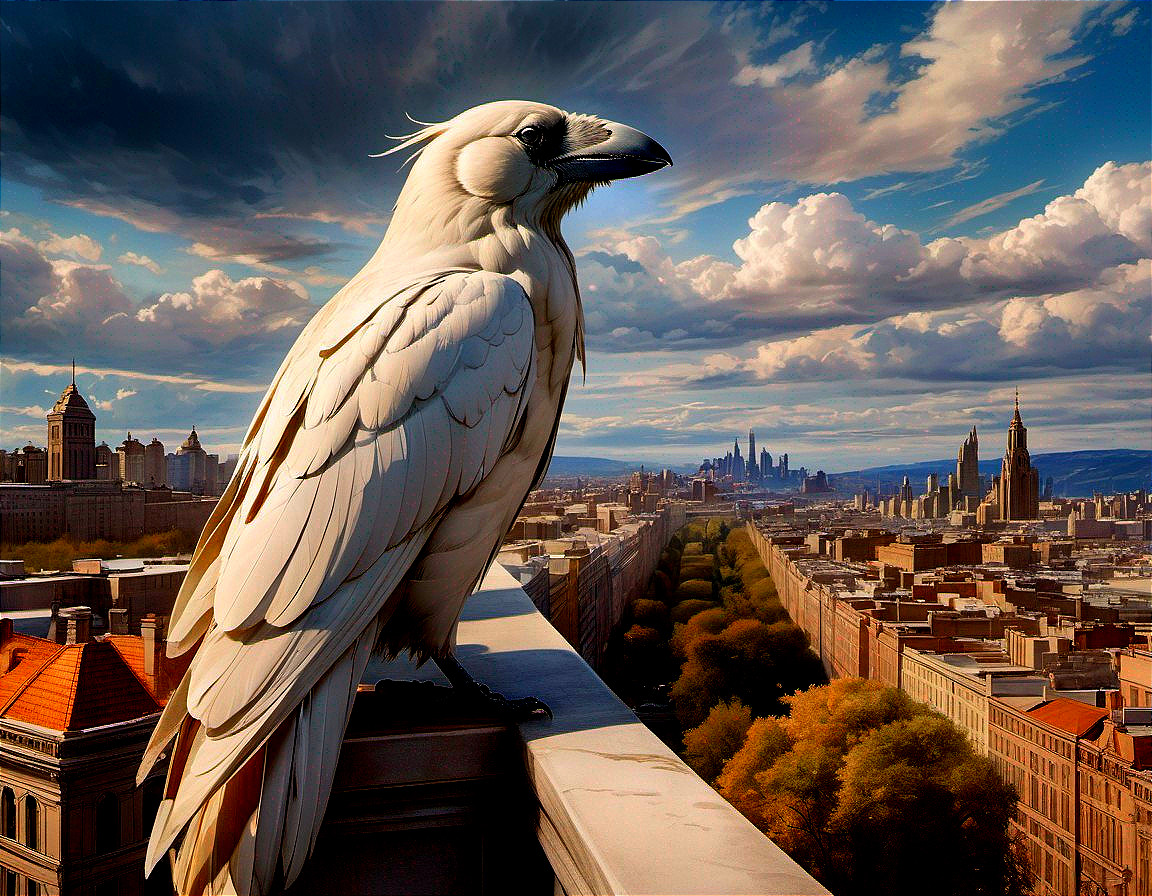 White Raven Overlooks Cityscape with Dramatic Sky