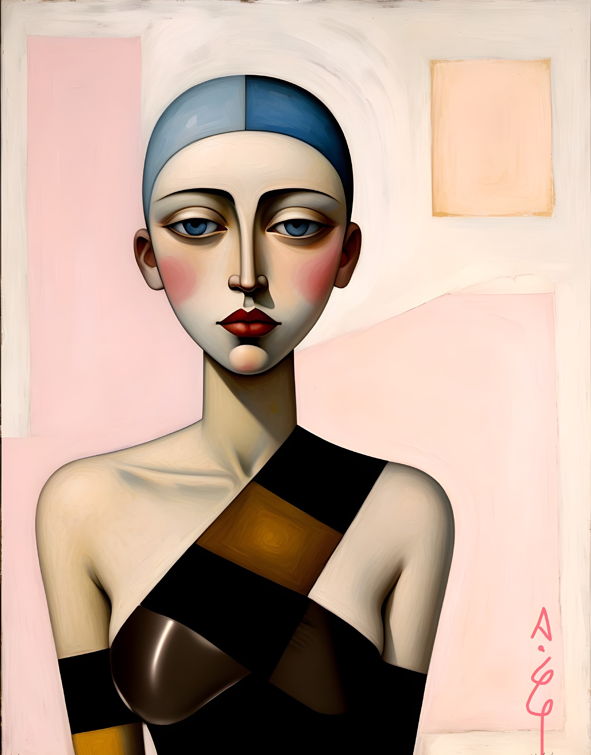 Stylized Female Figure with Bold Outfit and Abstract Background
