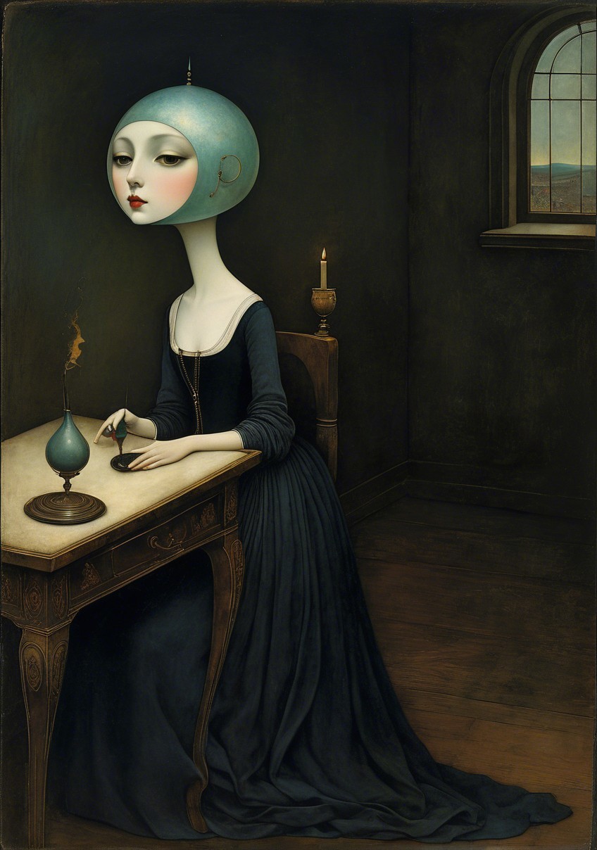 Surreal Painting of a Woman with Turquoise Head
