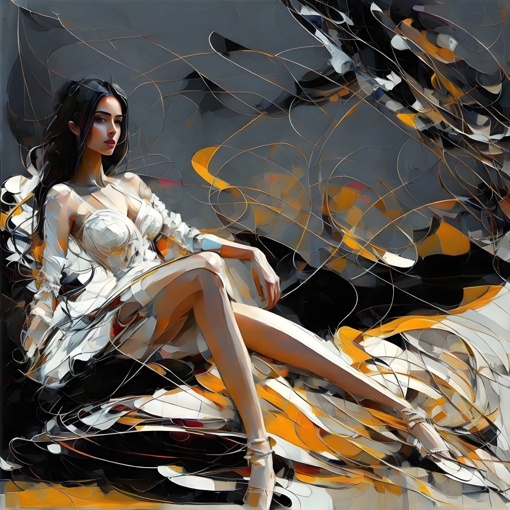 Dynamic abstract digital painting of seated woman with long black hair