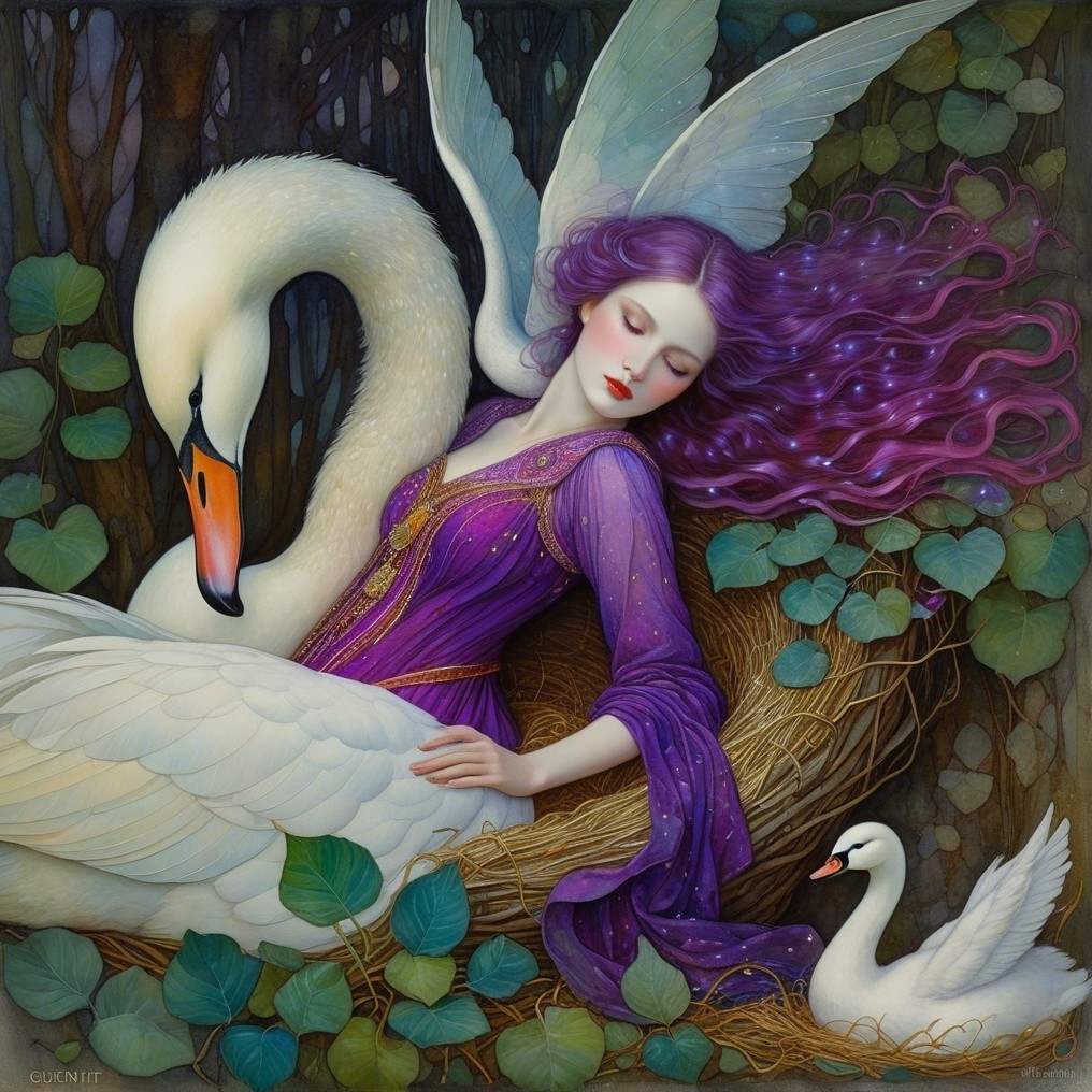 Mystical Woman and Swans in Enchanting Nature Scene