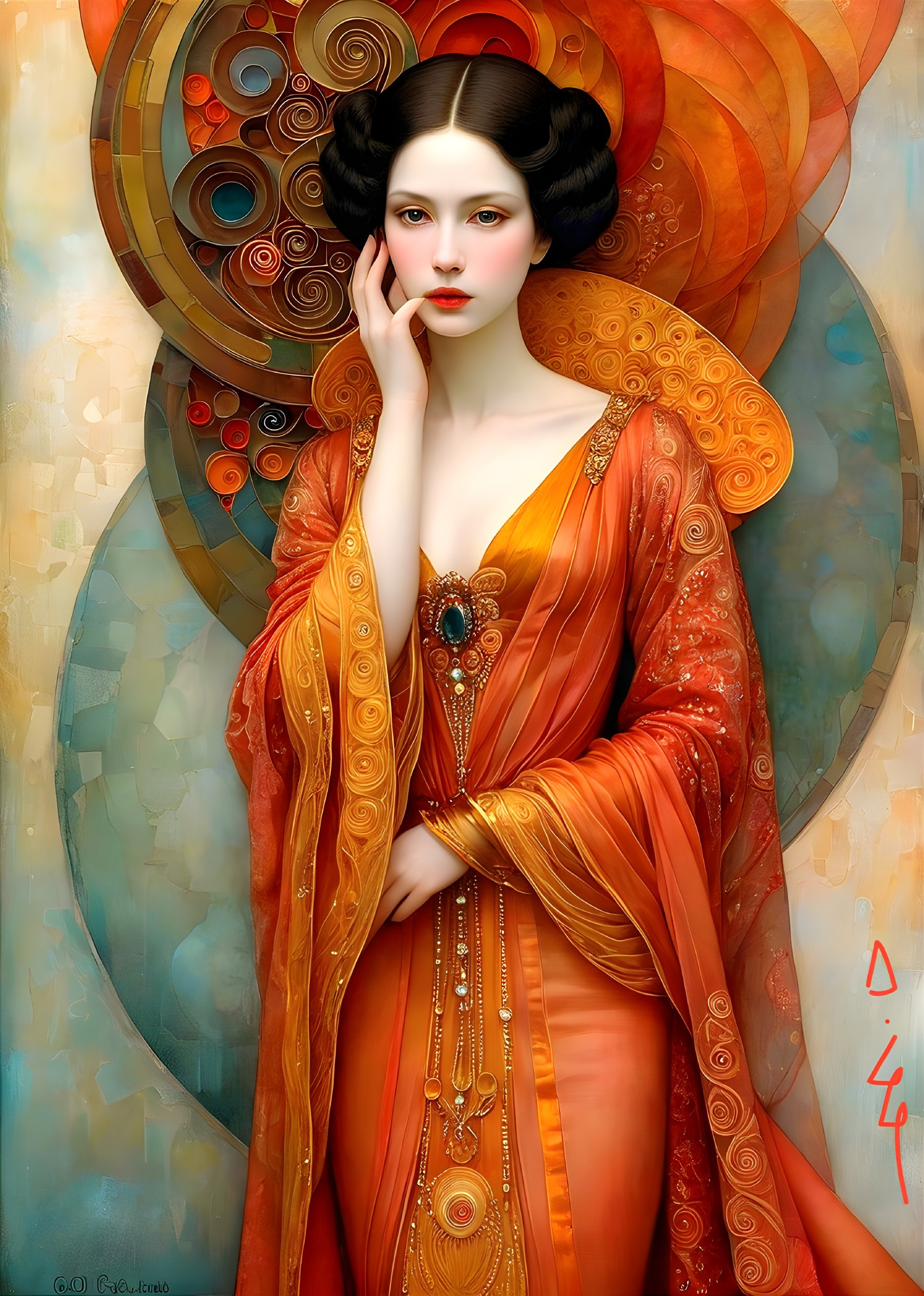 Elegant figure in an intricate orange gown with jewels