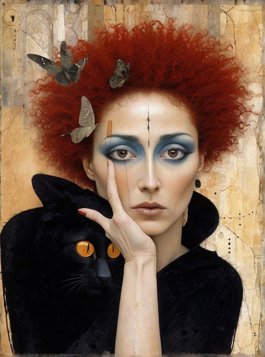 Striking Woman with Red Hair and Black Cat