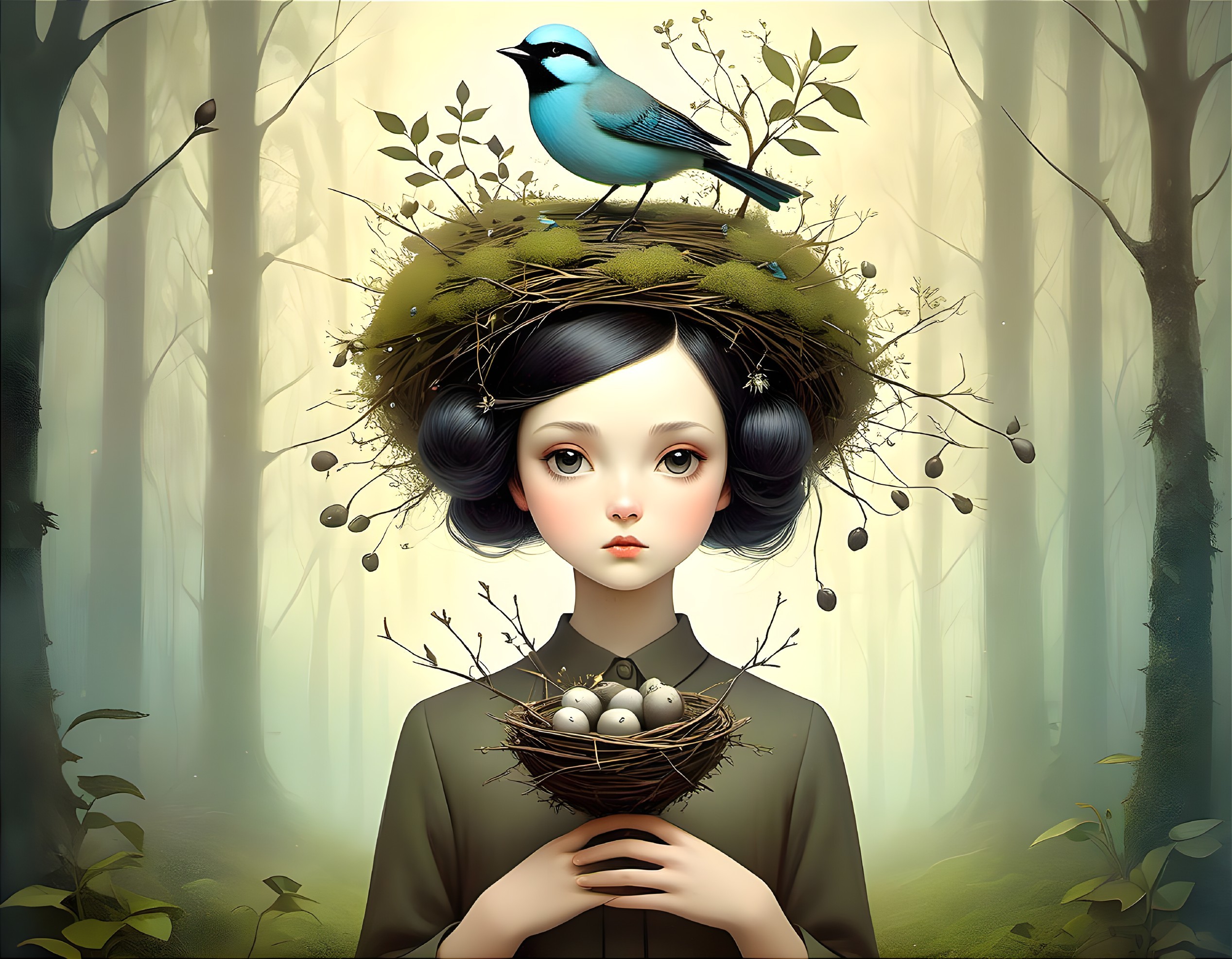 Young Girl with Nest of Eggs in Forest Setting