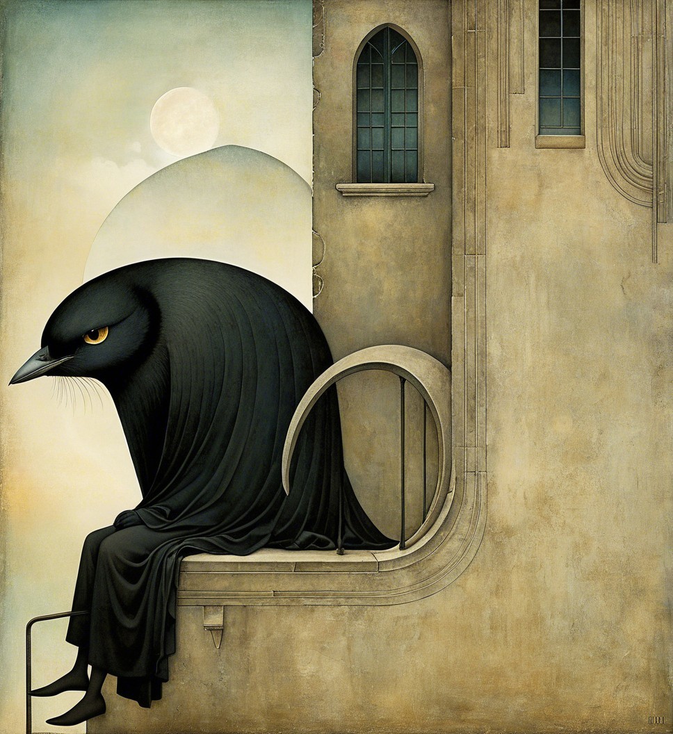 Surreal Scene with Black Bird and Architectural Elements