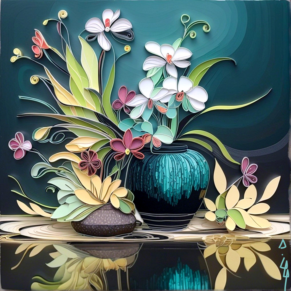 Vibrant Paper Quilling Artwork of Vases and Flowers