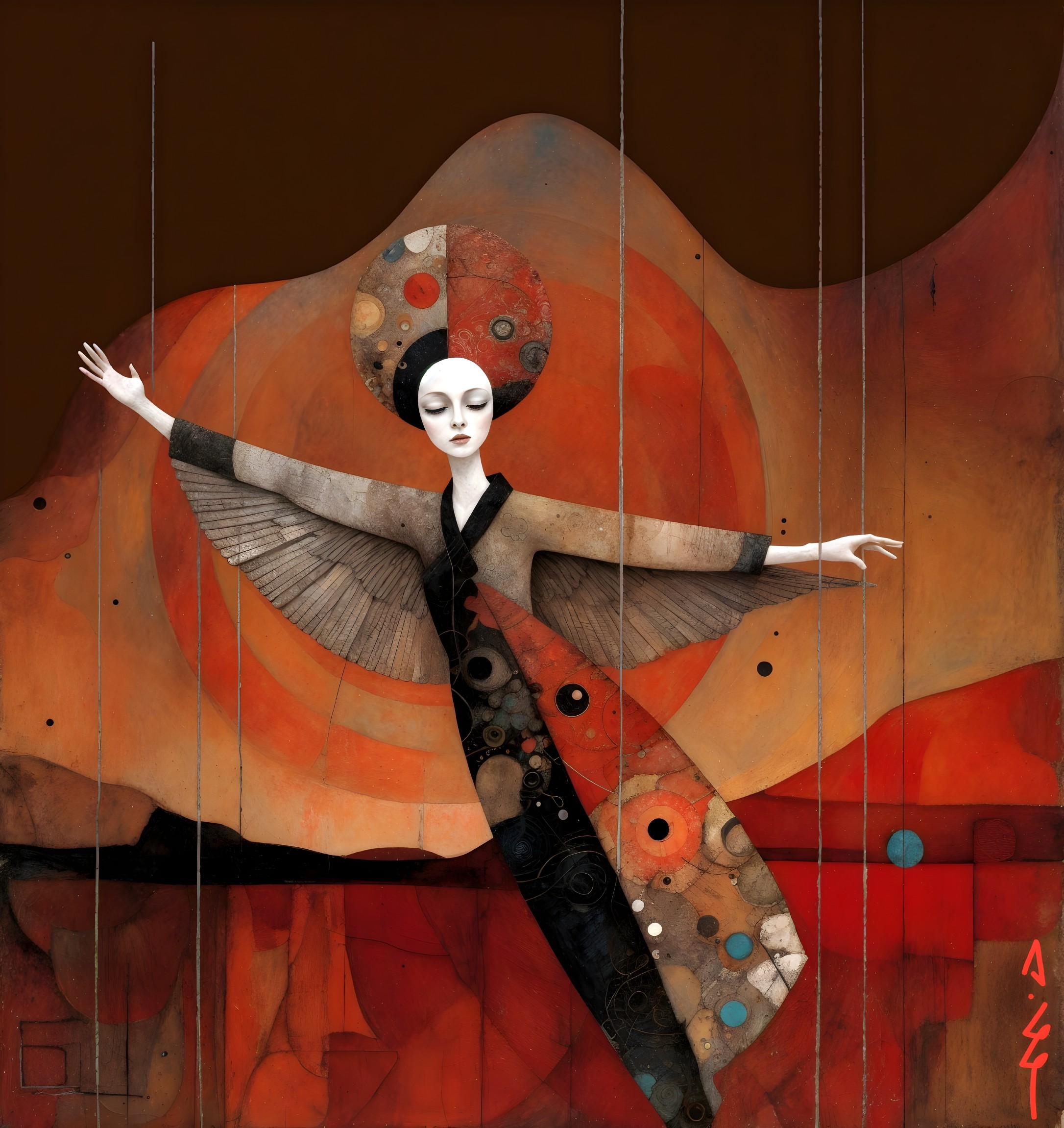 Graceful Figure in Flowing Robe with Circular Patterns