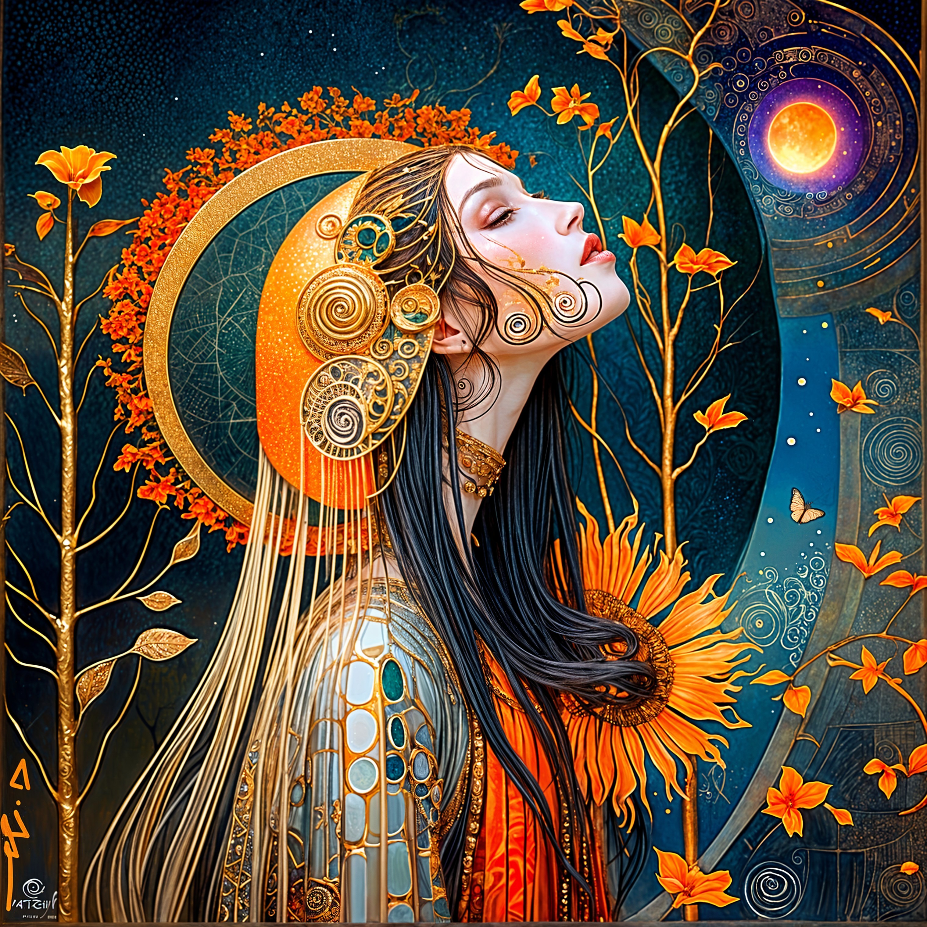 Ethereal Woman Surrounded by Autumn Leaves and Sunflowers