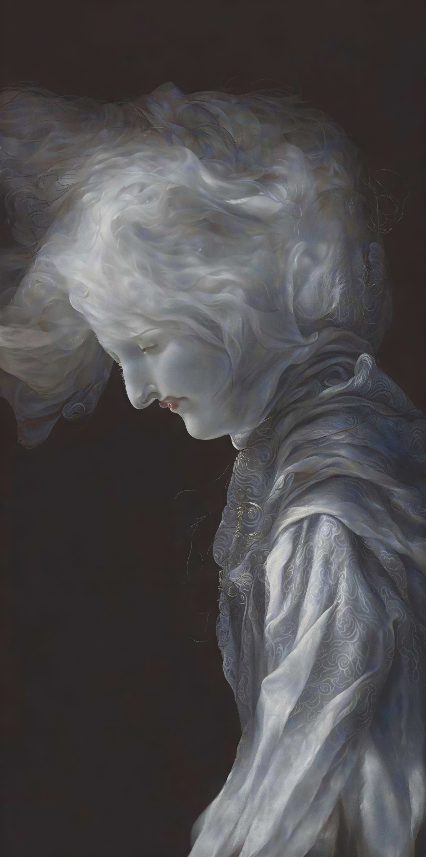 Ghostly White Figure in Profile Against Dark Background