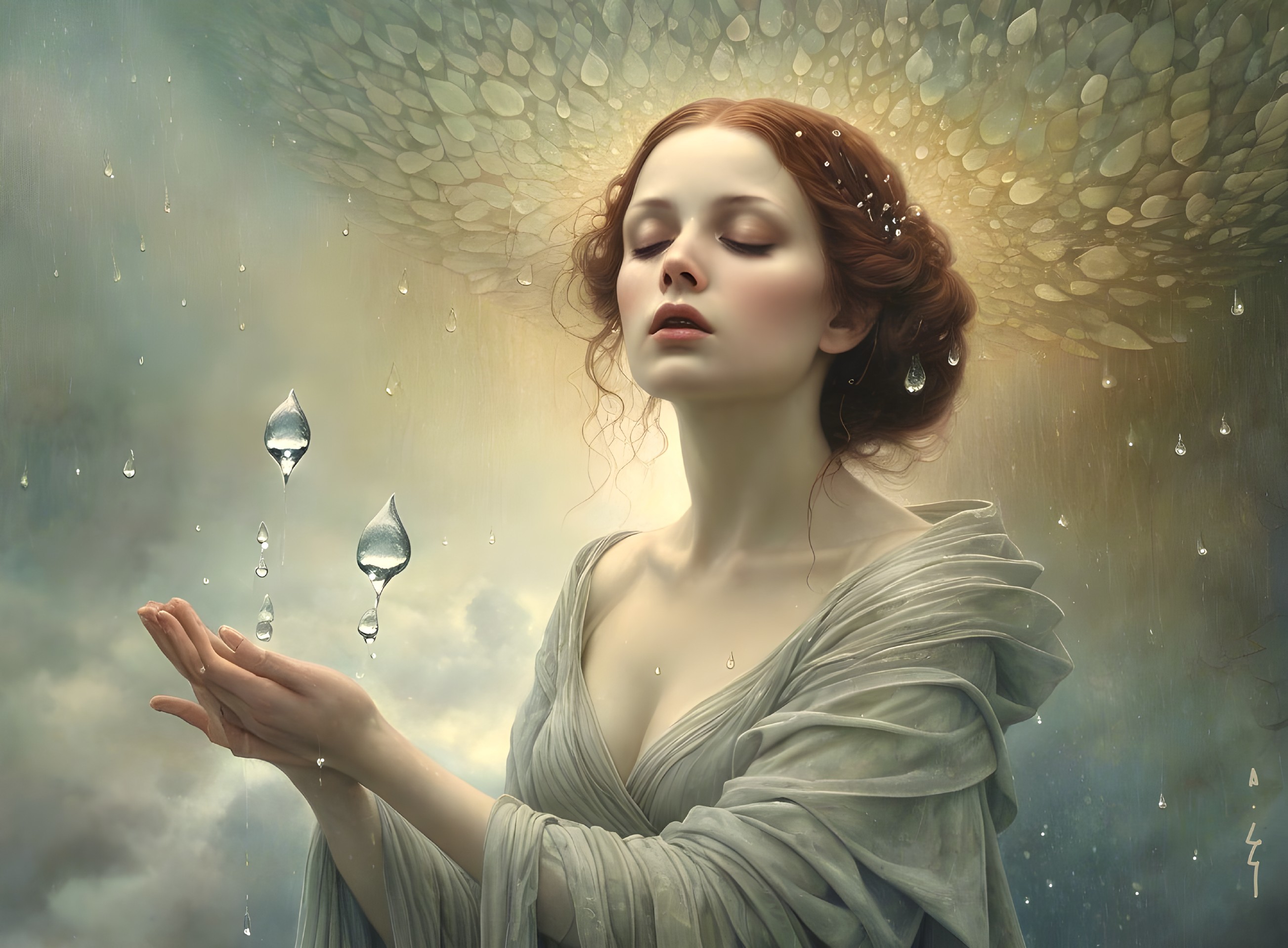 Serene Woman in Ethereal Glow with Water Droplets