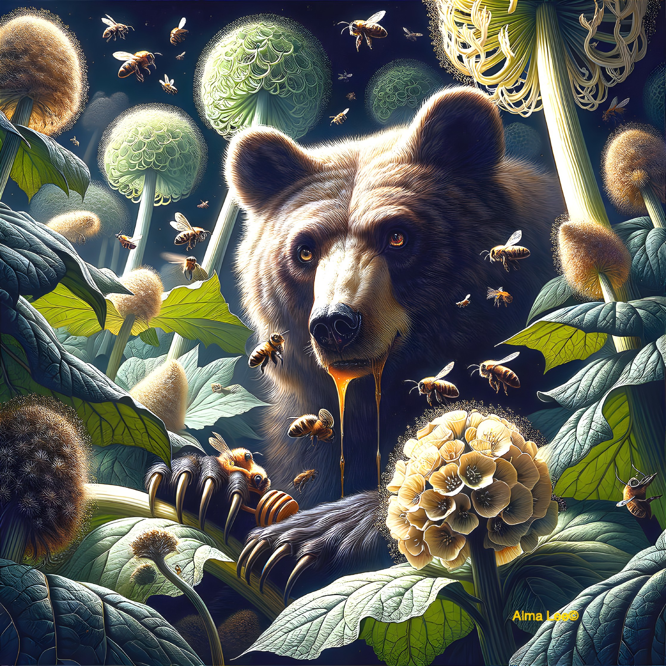 Majestic bear in vibrant, enchanted nature scene