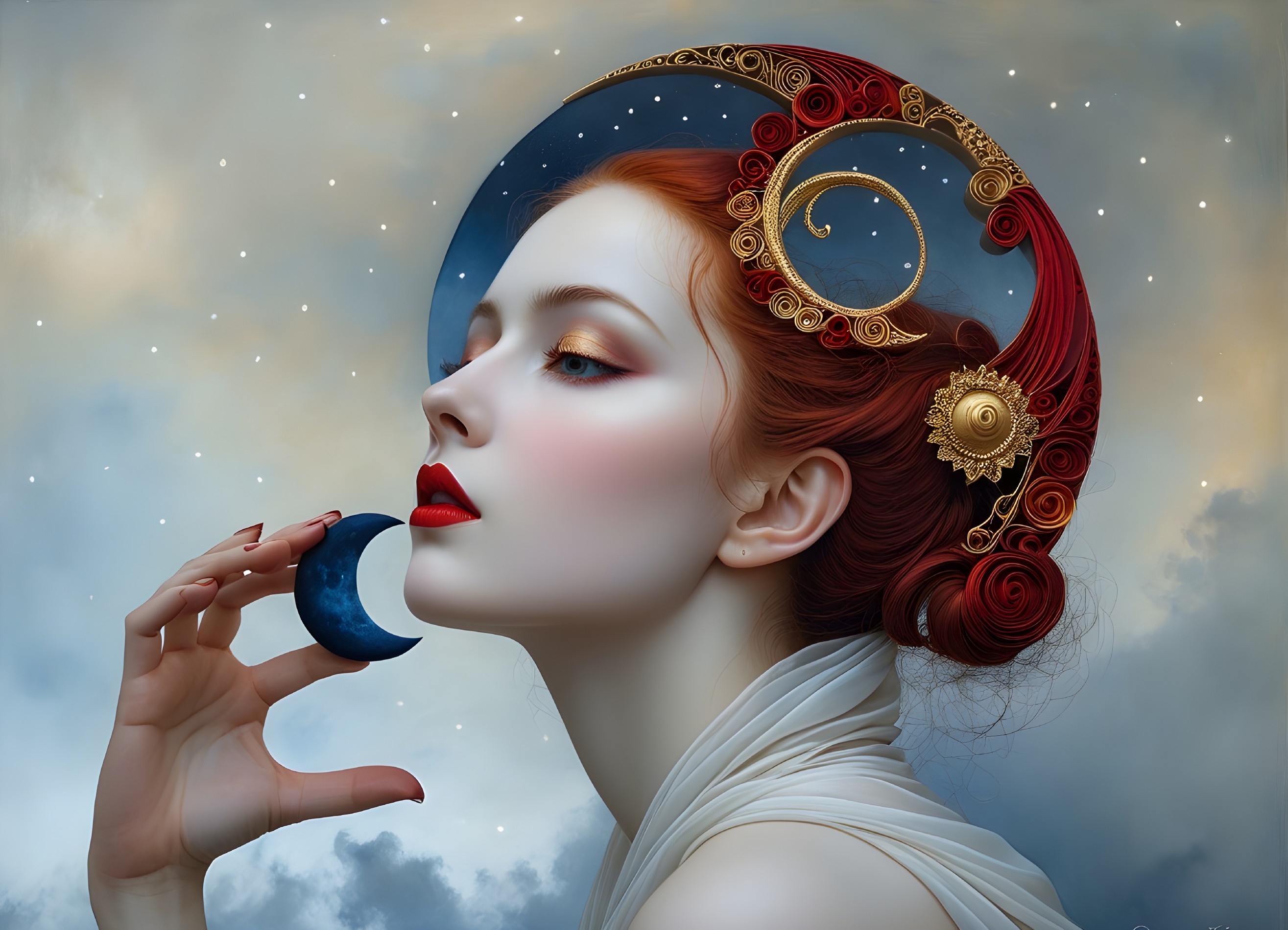 Serene Woman with Crescent Moon in Dreamy Background