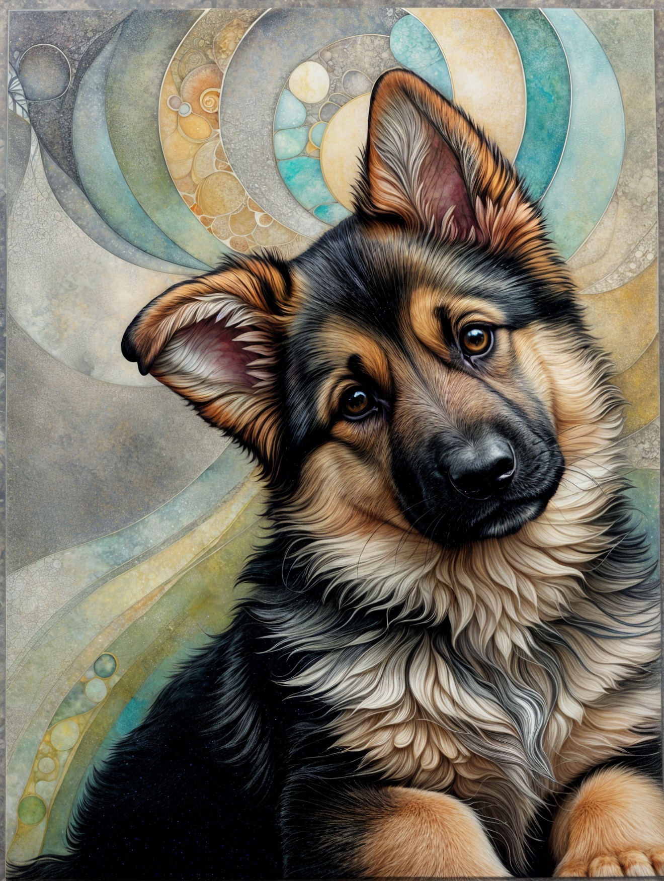 Fluffy German Shepherd Puppy with Colorful Background