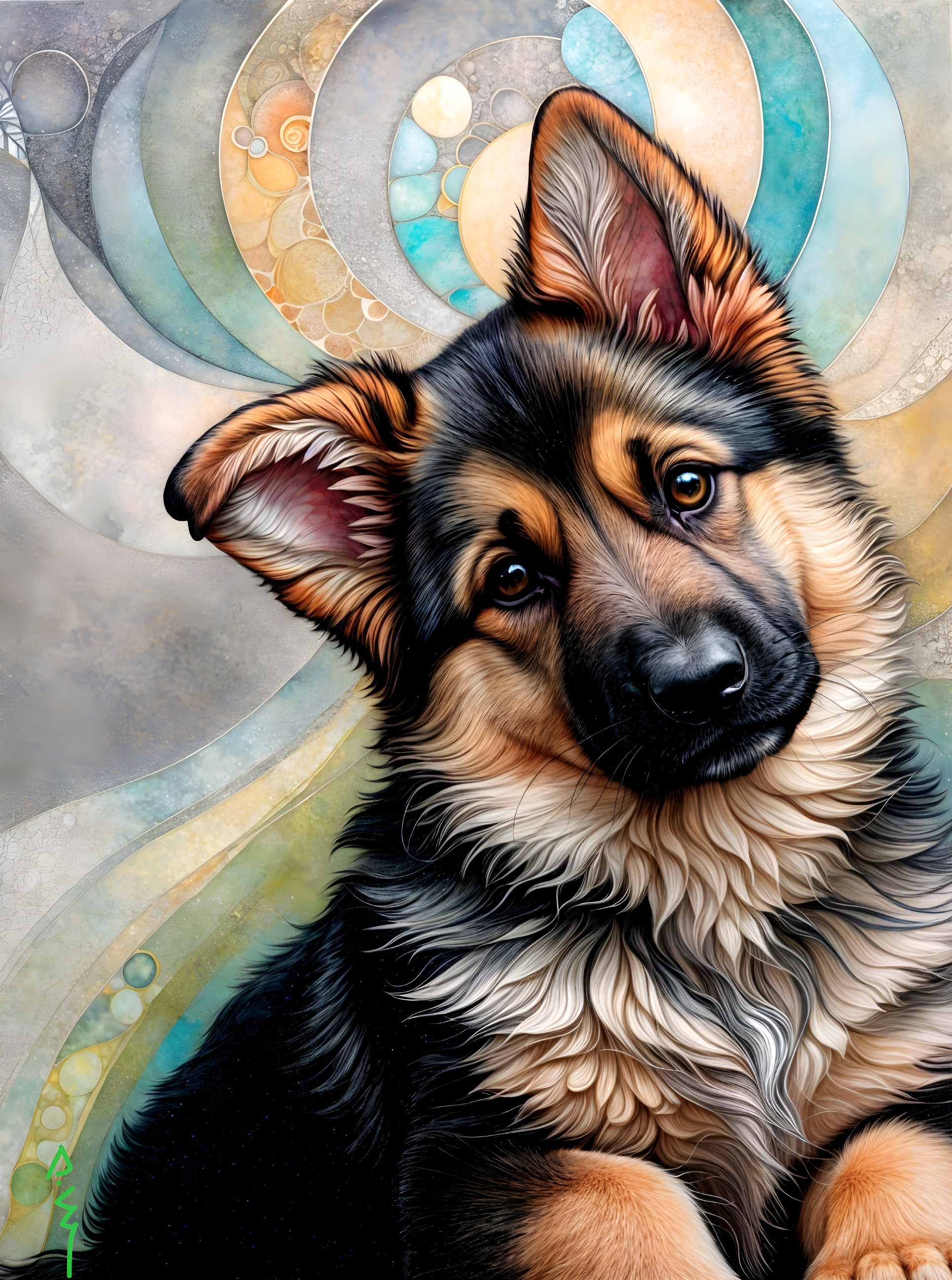 Fluffy German Shepherd Puppy with Colorful Background