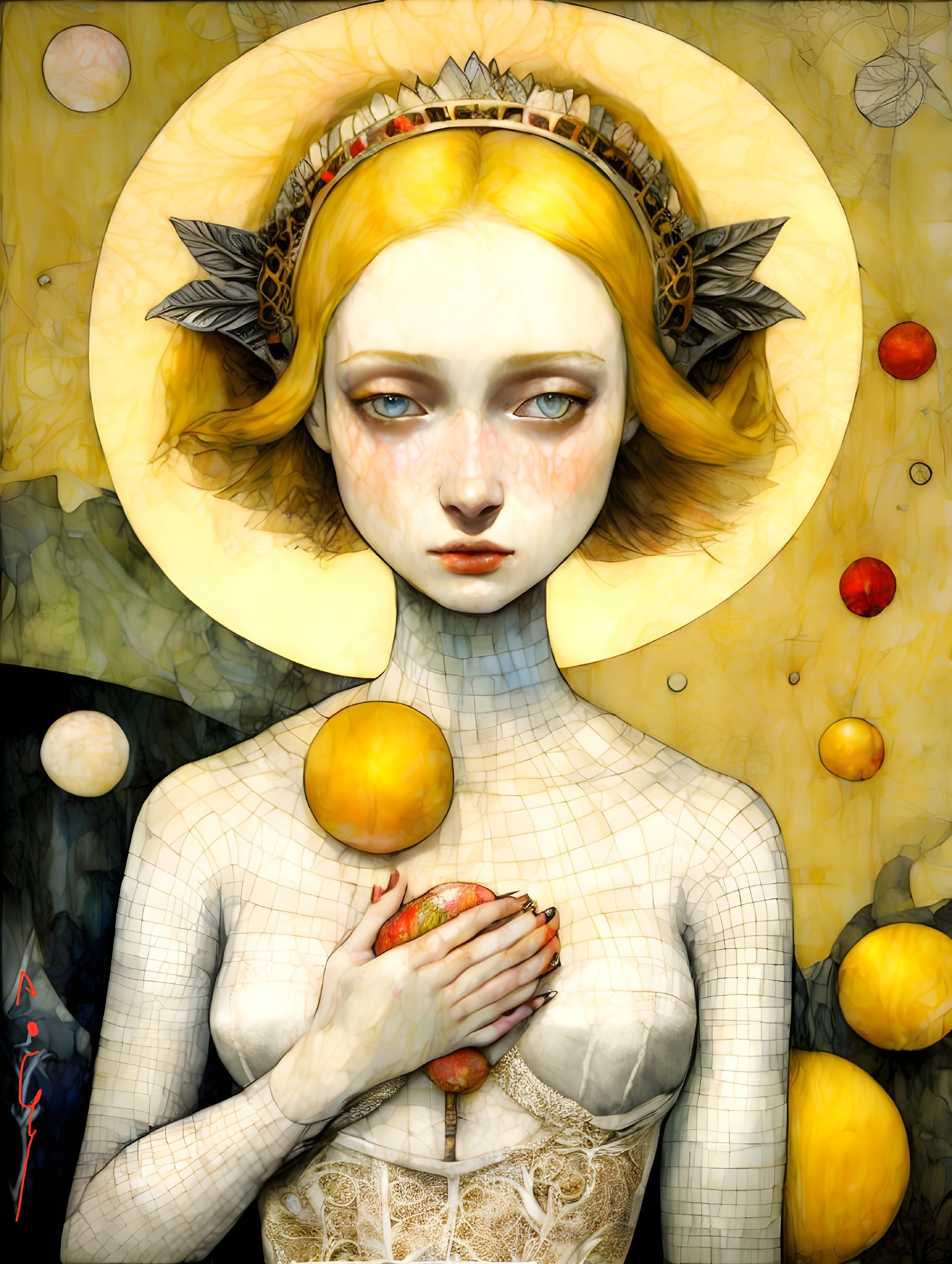 Haunting Figure with Blue Eyes and Crown of Leaves