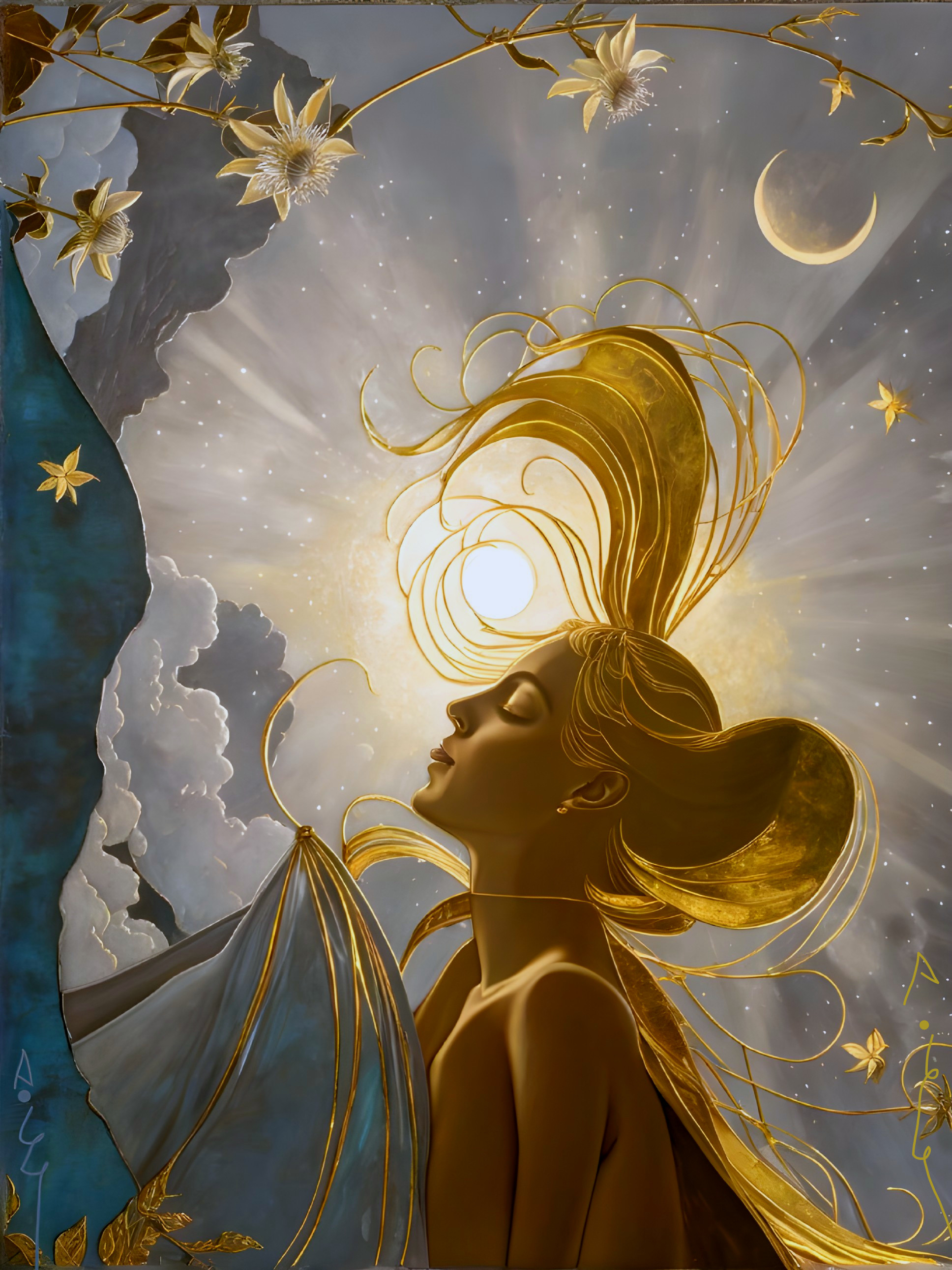 Serene Woman with Golden Hair under Sun and Moon