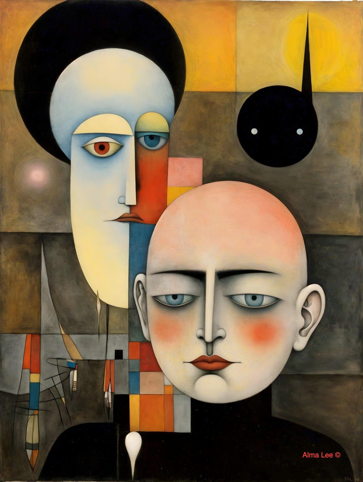 Stylized Figures with Expressive Eyes and Geometric Background