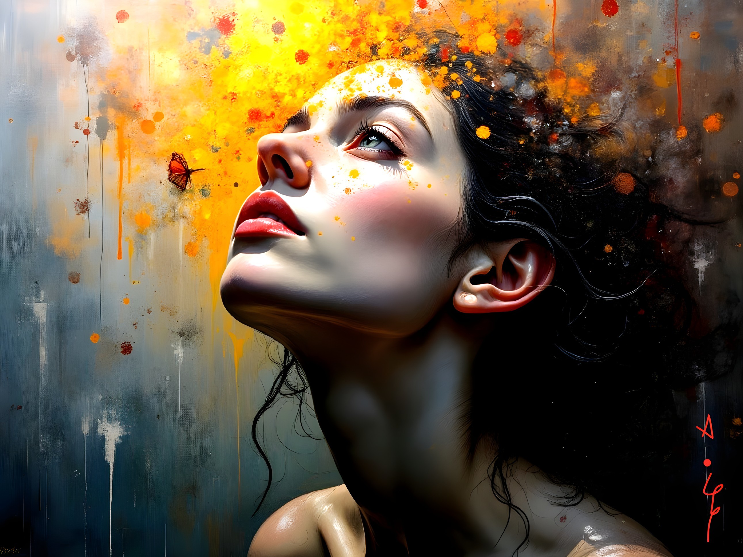 Portrait of a woman with colorful floral illumination