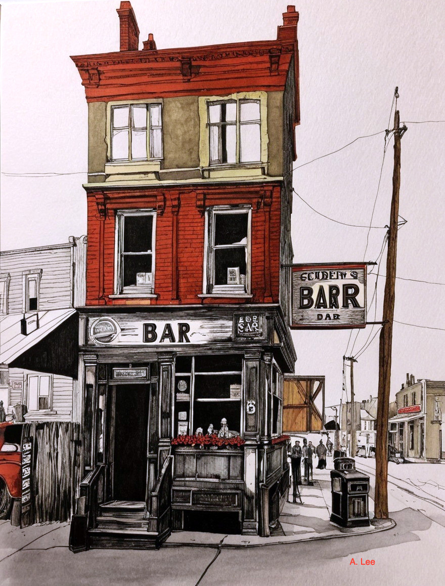Quaint Two-Story Bar with Rustic Details on Corner