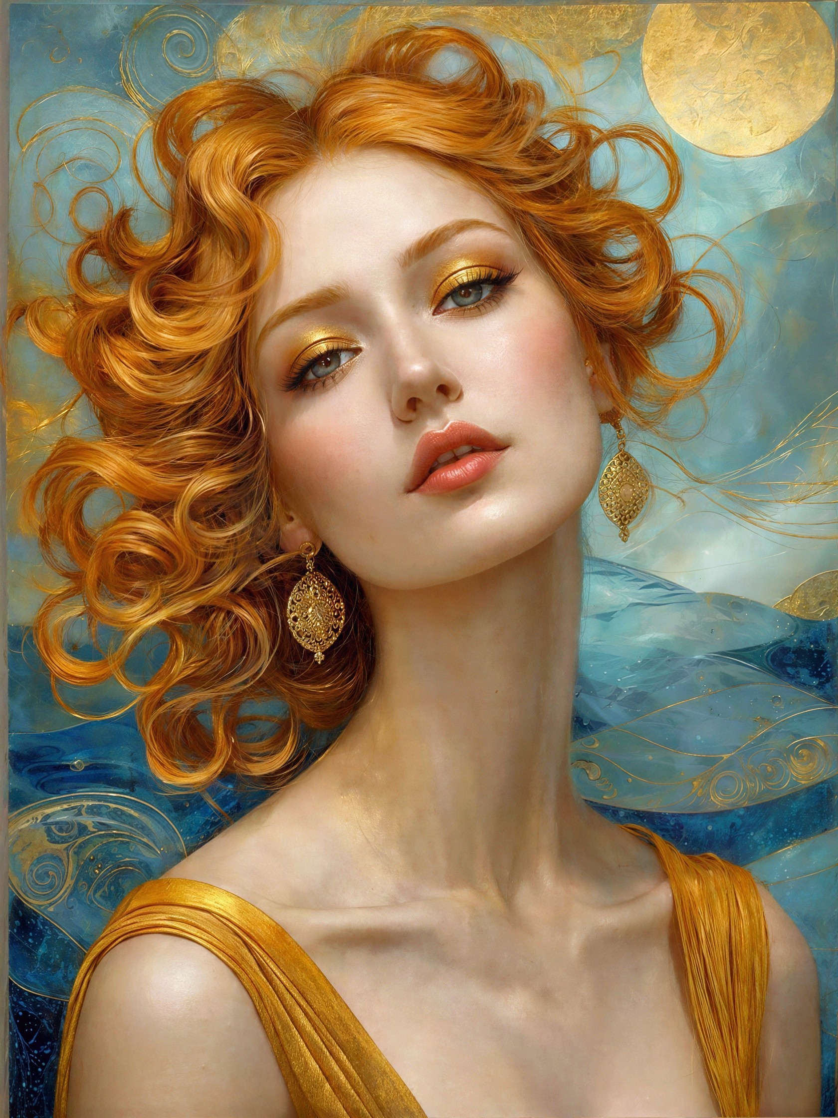 Mythical Woman Portrait with Orange-Red Hair and Gold Gown