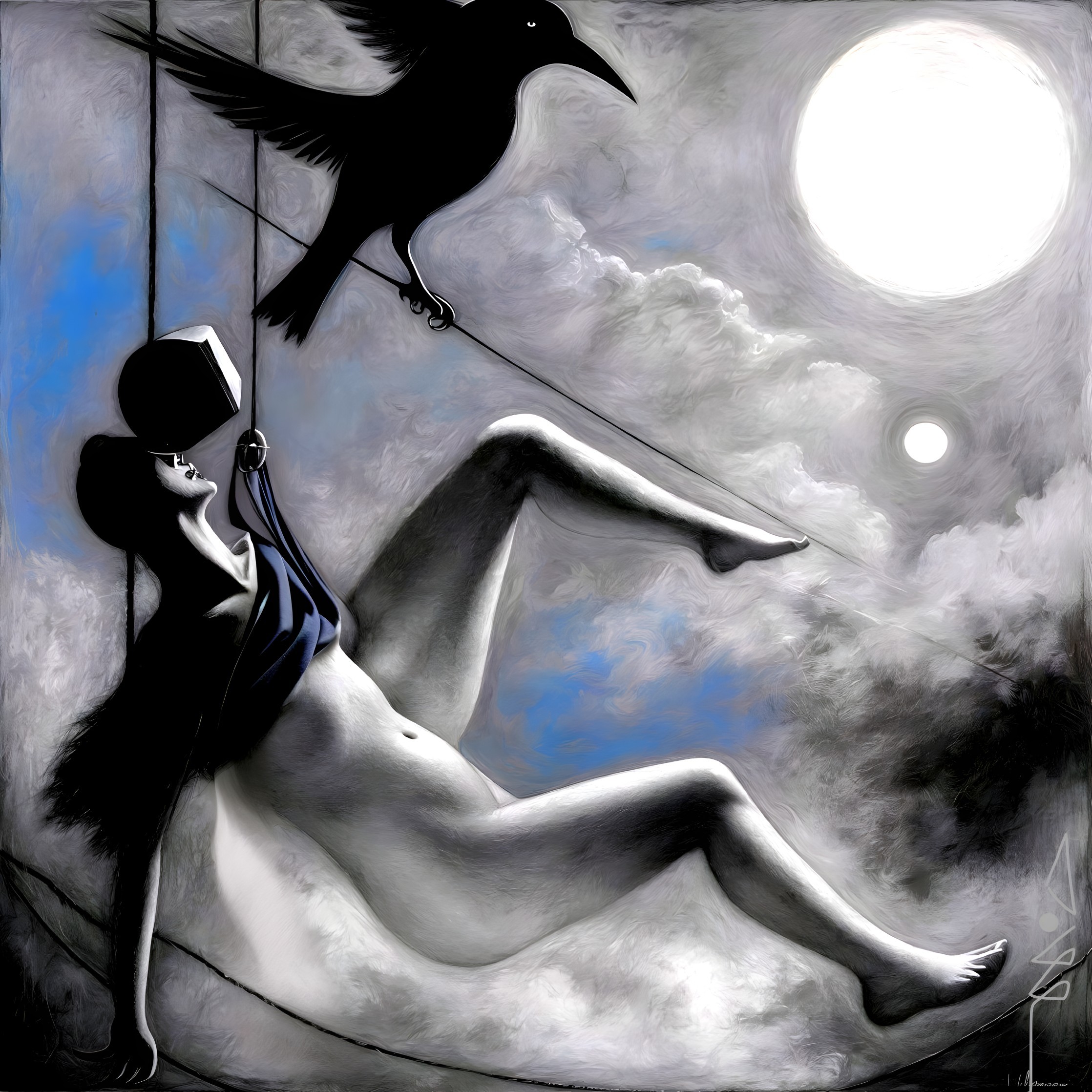 Surrealist Painting of Suspended Woman and Raven