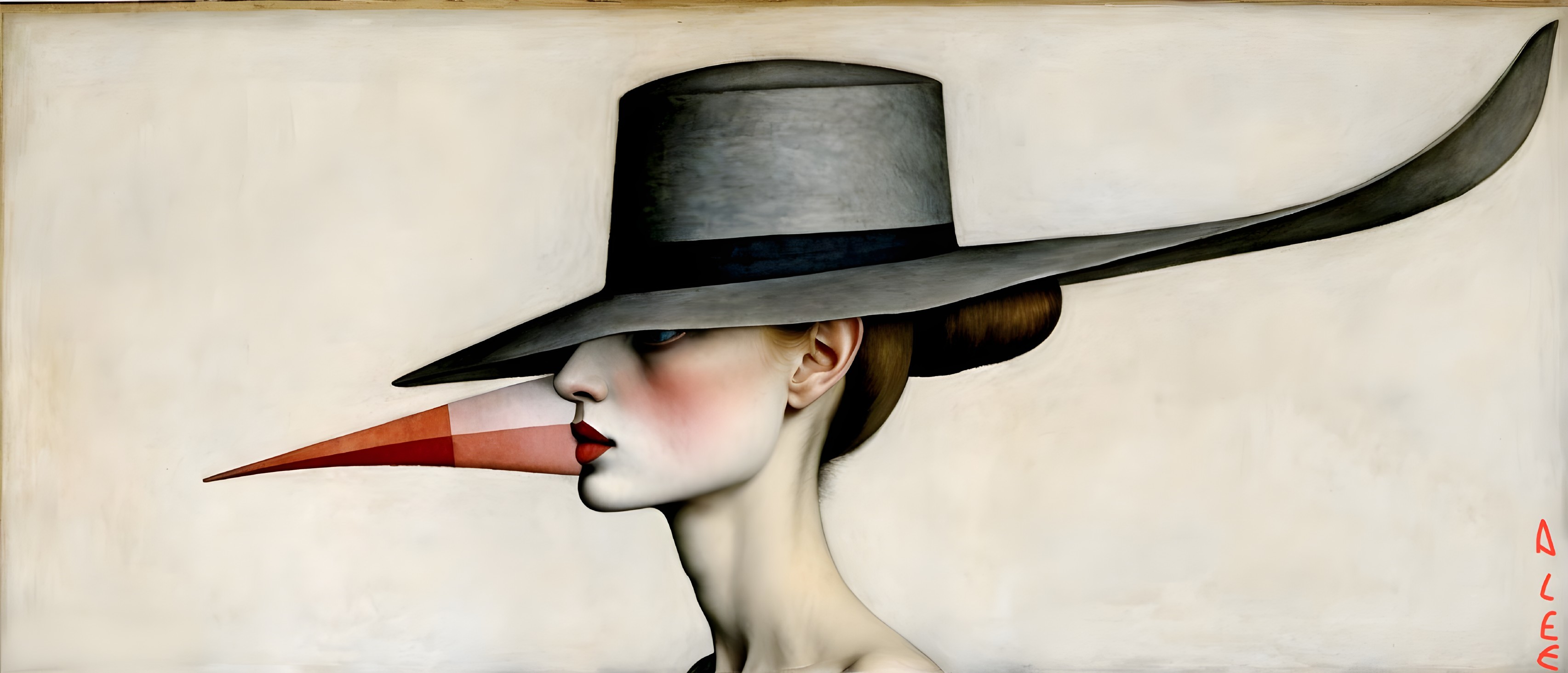Stylized portrait of a woman in a gray hat