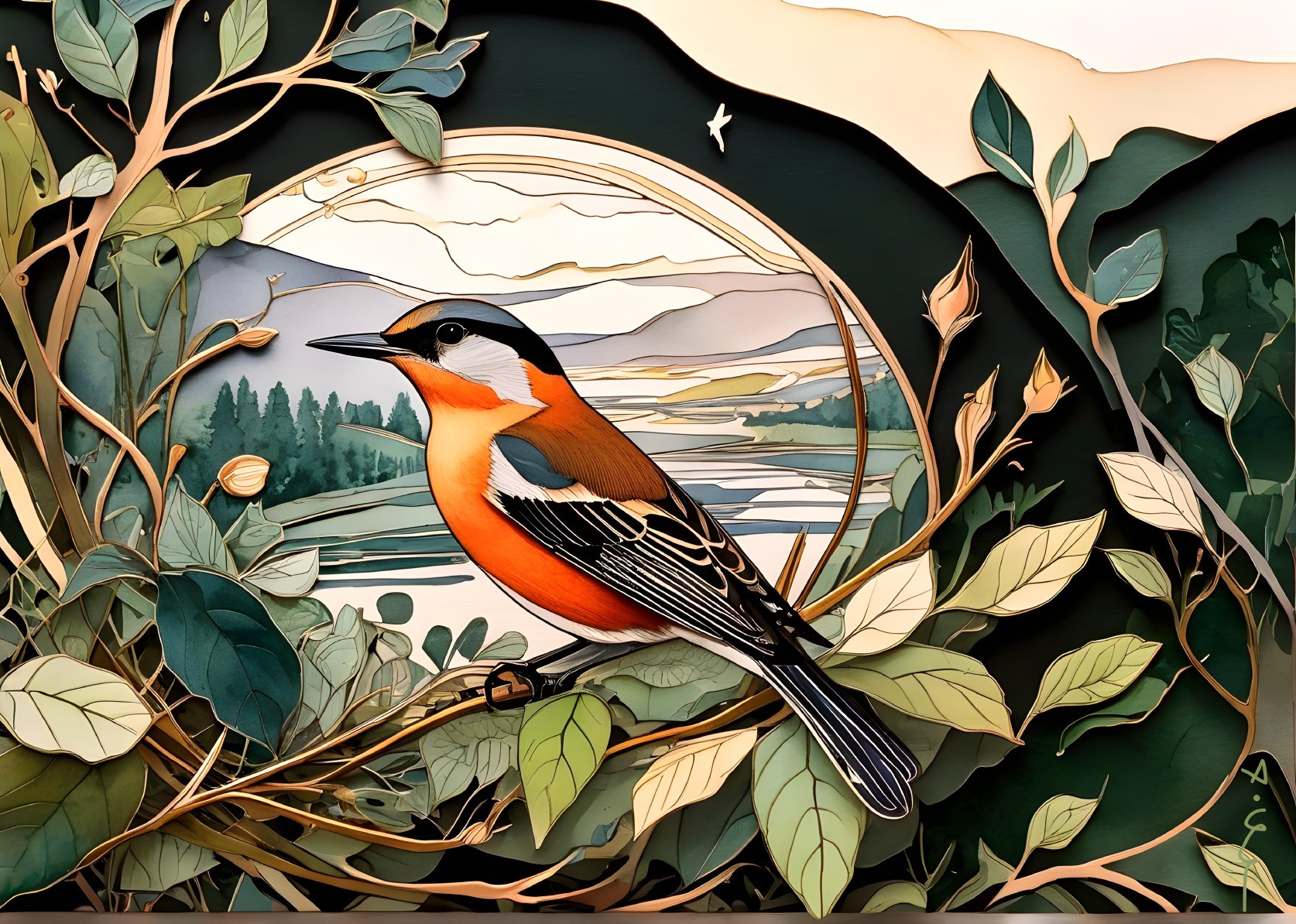 Vibrant Paper Cut Artwork of Bird and Foliage