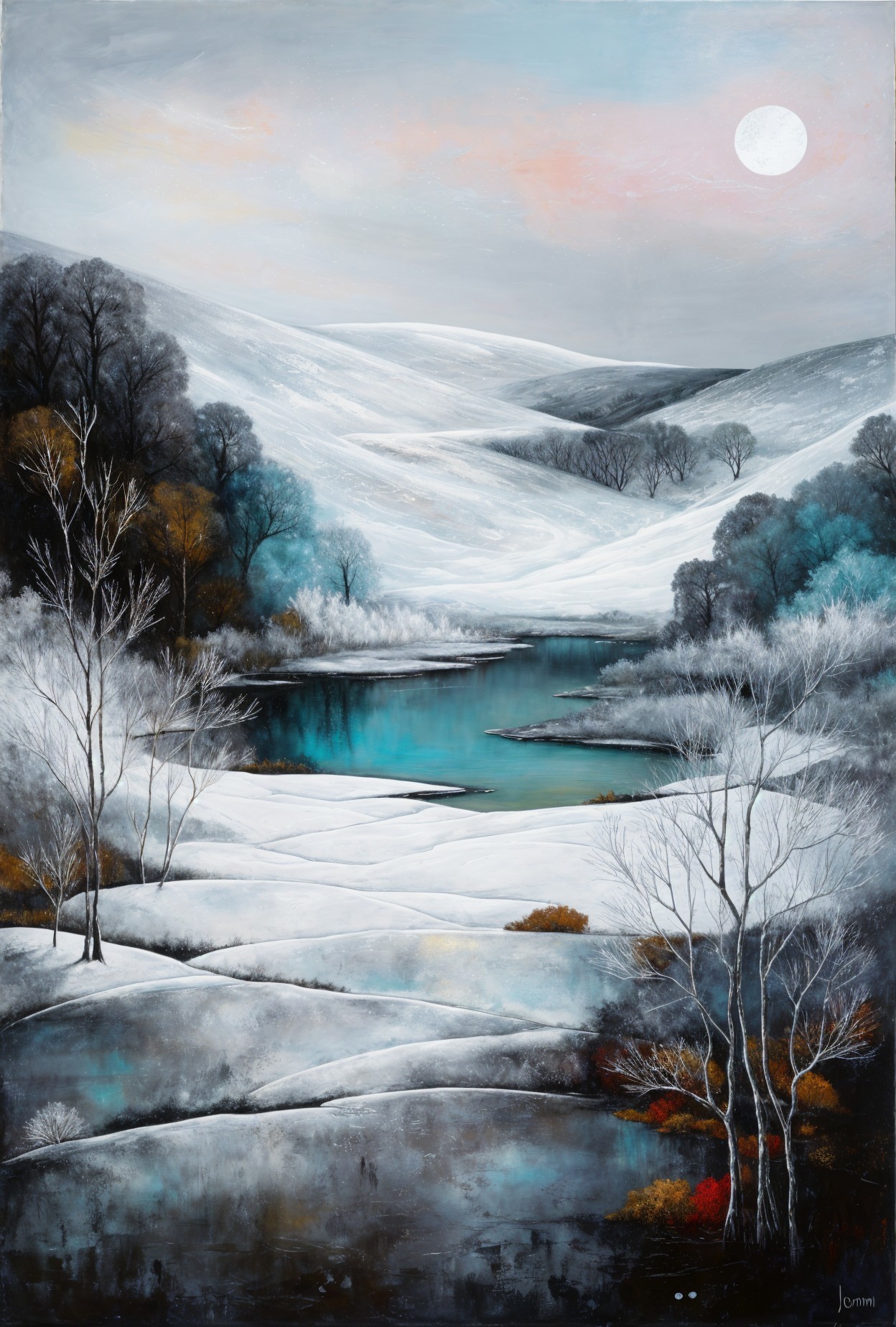 Serene Winter Landscape with Snow-Covered Hills