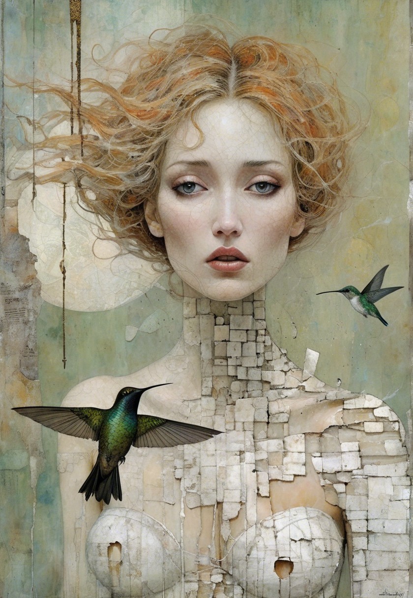 Ethereal Figure with Hummingbirds in Dreamlike Scene