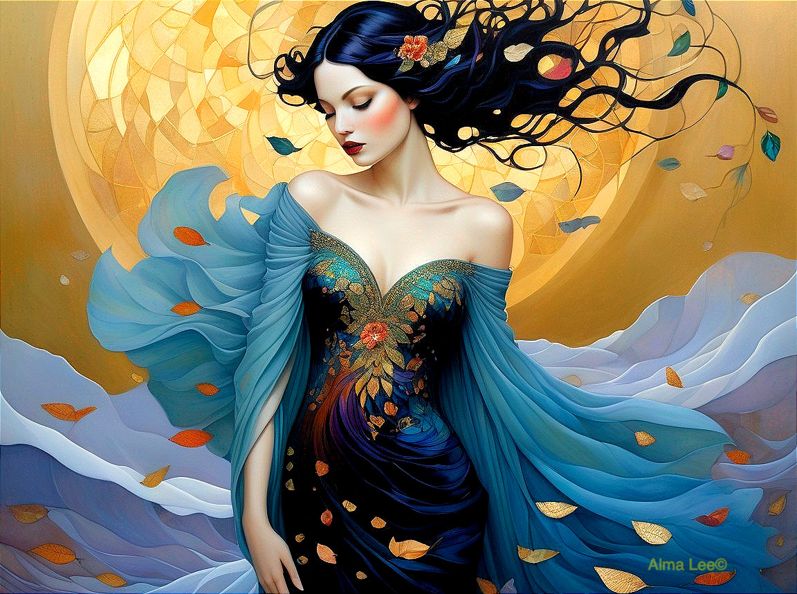 Woman in Blue Gown Against Golden Autumn Background