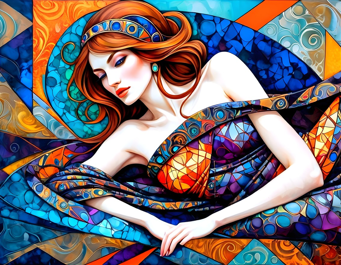 Stylized Woman with Red Hair and Geometric Patterns