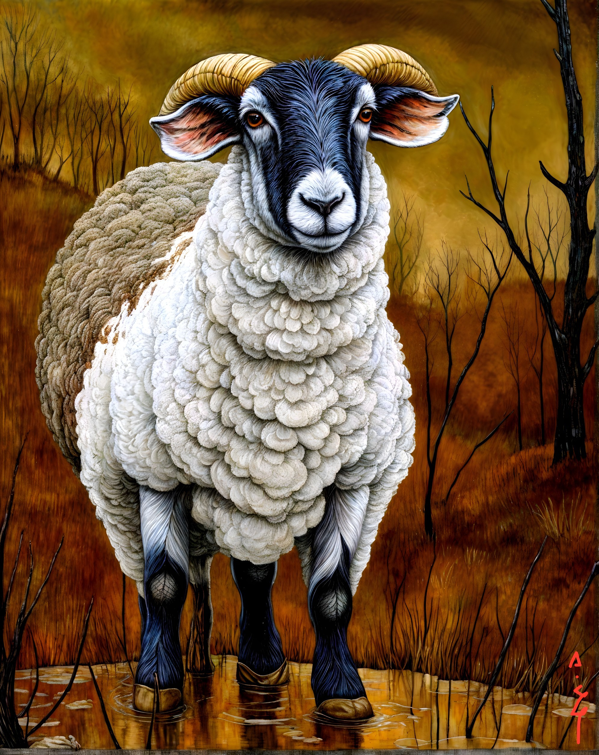 Detailed Black and White Sheep in Autumn Landscape