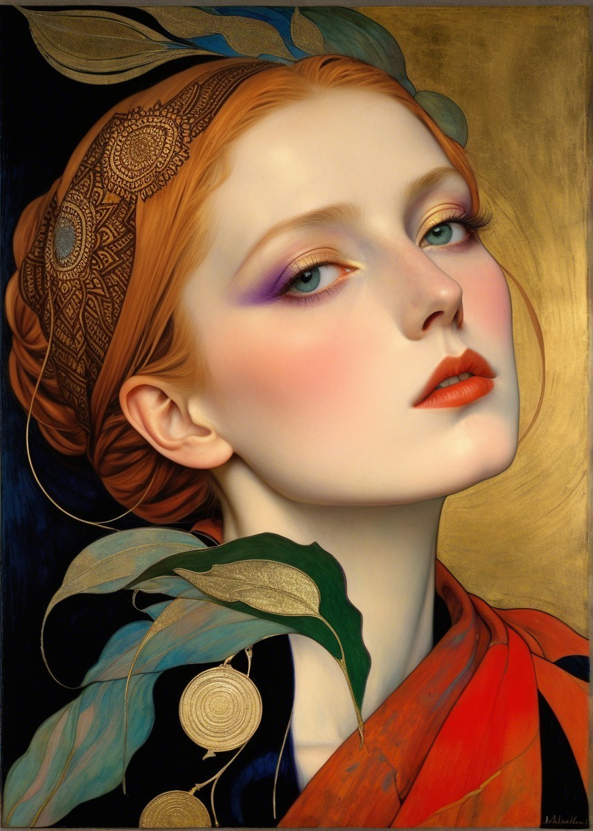 Portrait of a woman with red hair and purple eyeshadow