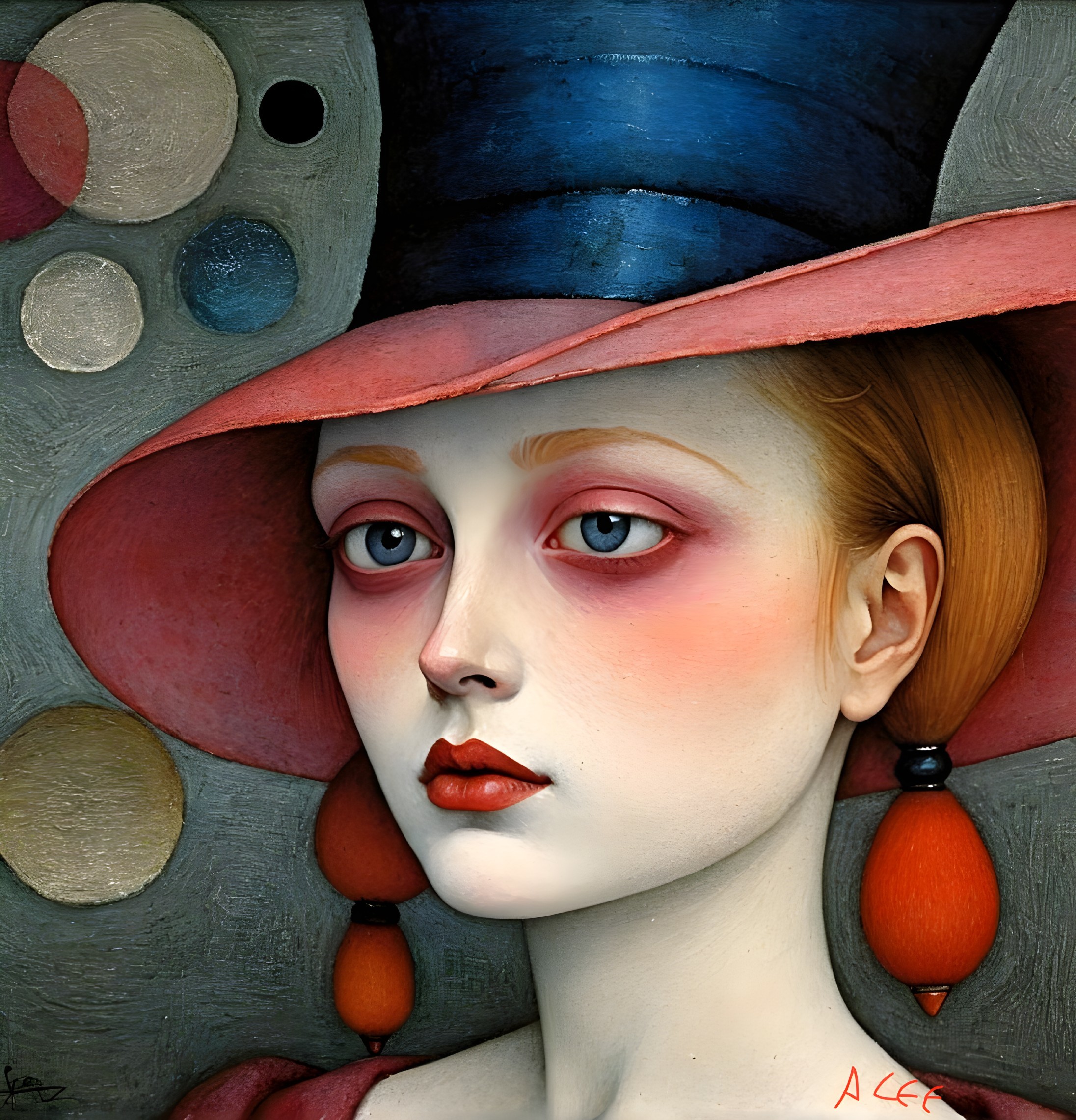 Stylized portrait of a young woman in a pink hat